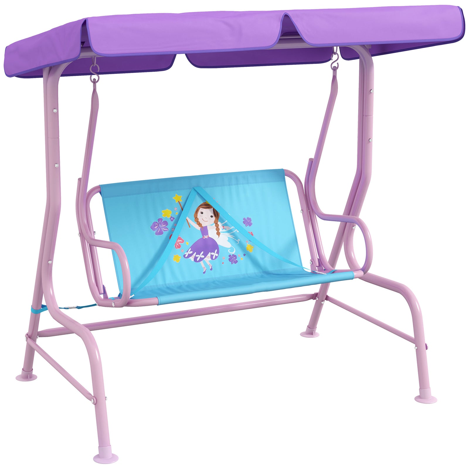2 Seater Kids Swing Chair, Fairy-themed With Adjustable Canopy