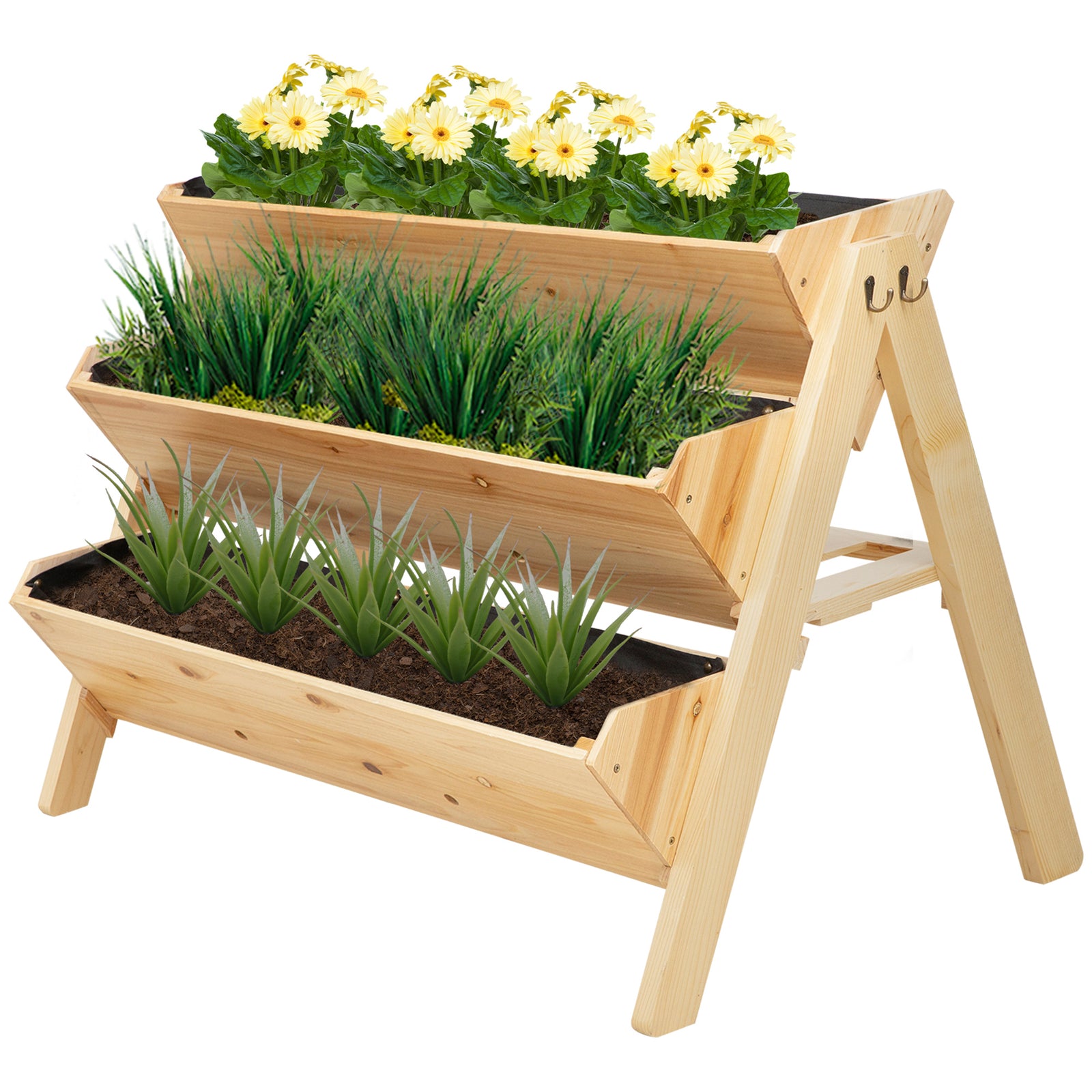 3 Tier Wooden Raised Bed With Hooks 120x48x80cm