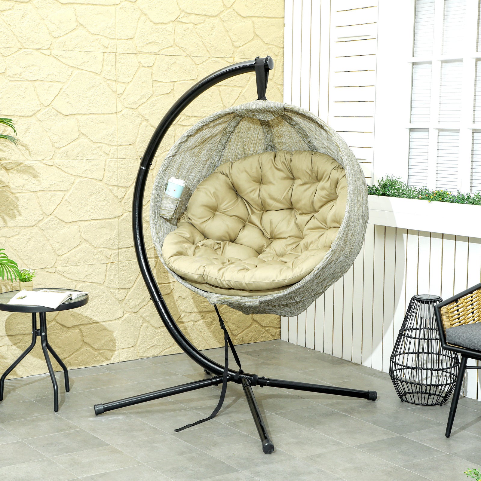 Hanging Egg Chair Outdoor Indoor Swing Chair, Folding Basket | Khaki