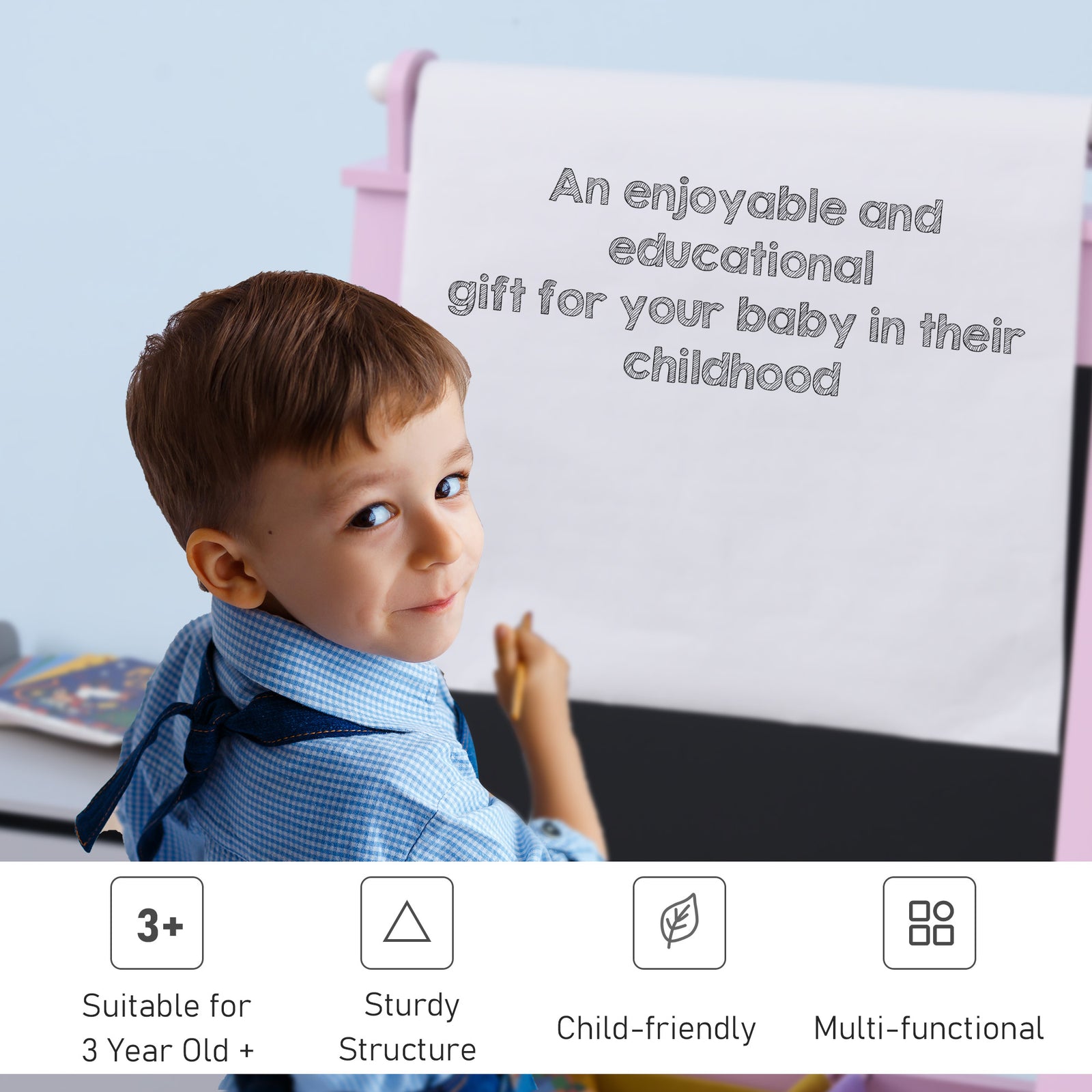 Kids Wooden Art Easel With Paper Roll Double-sided Chalkboard, Whiteboard