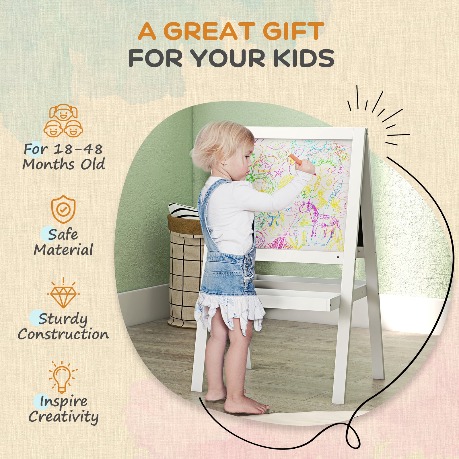 2-in-1 Double-sided Easel For Kids, With Storage Shelf- Blue