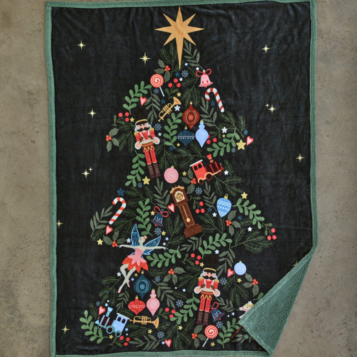 Traditional Tree Sherpa Fleece Throw – Christmas Printed Blanket | 130cm x 170cm | Airforce Blue