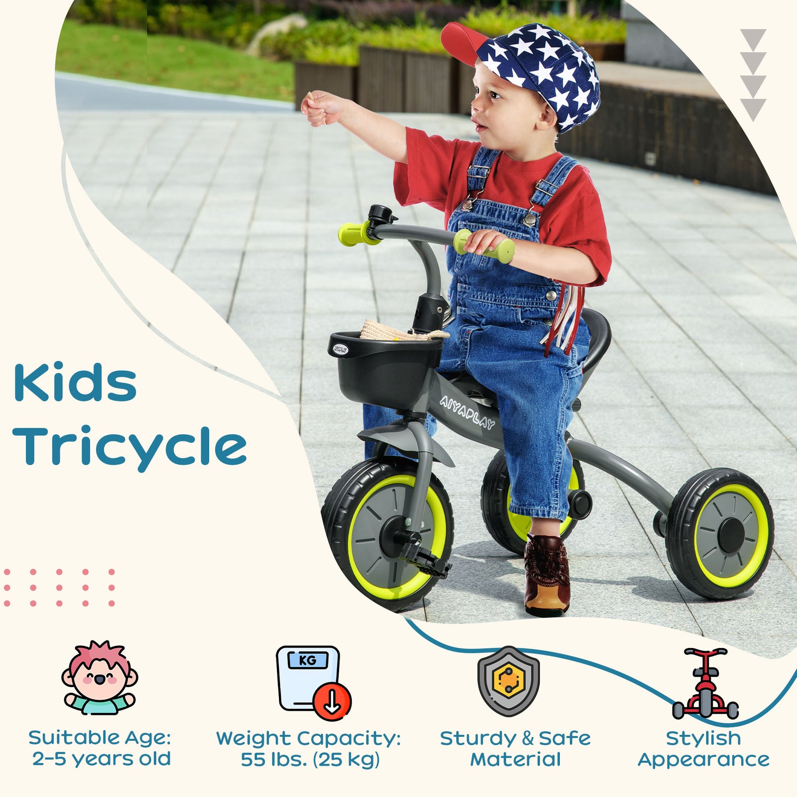 Trike W/ Adjustable Seat Basket, Kids Tricycle For 2-5 Years Old | Black