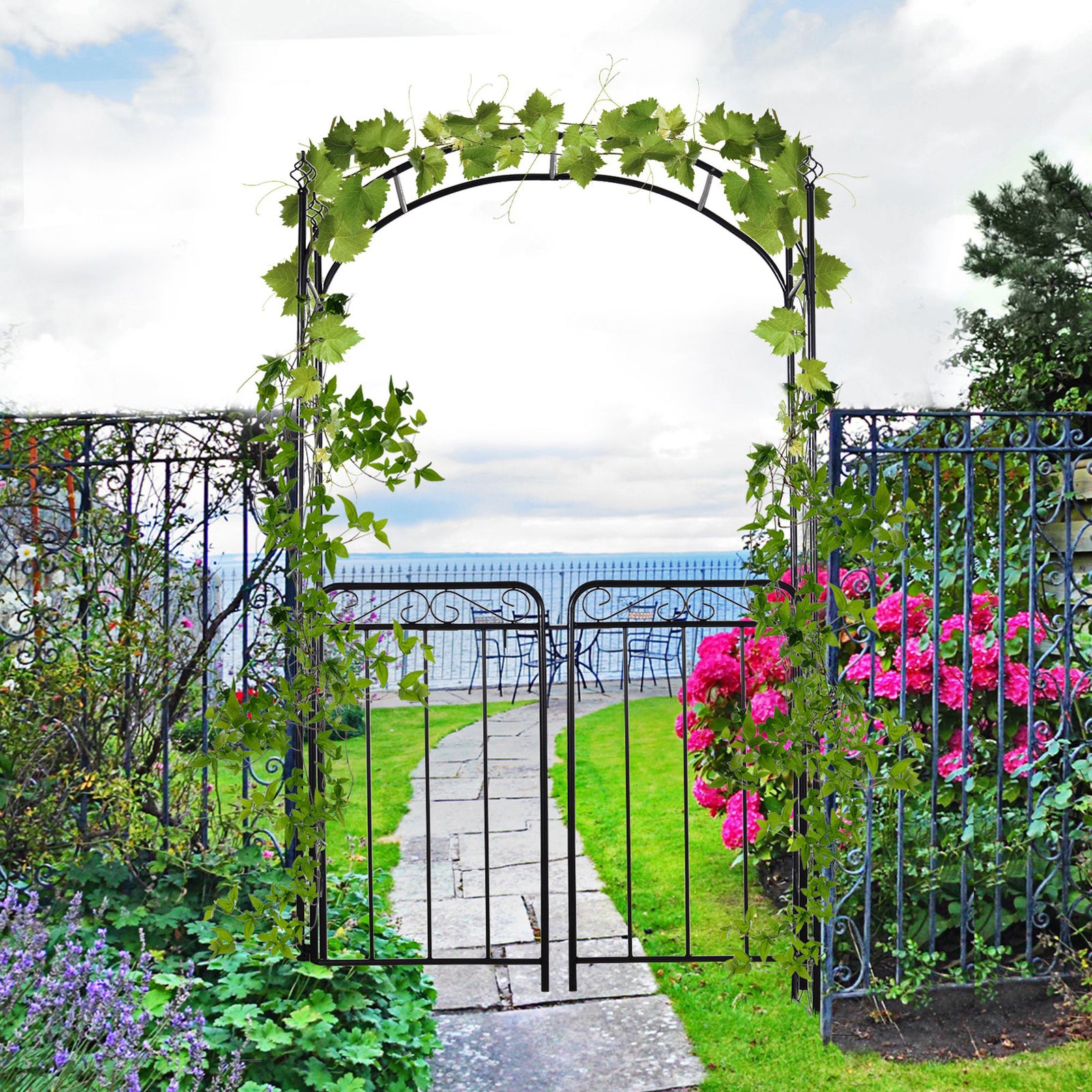 Garden Decorative Metal Arch With Gate, 108x45x215 Cm