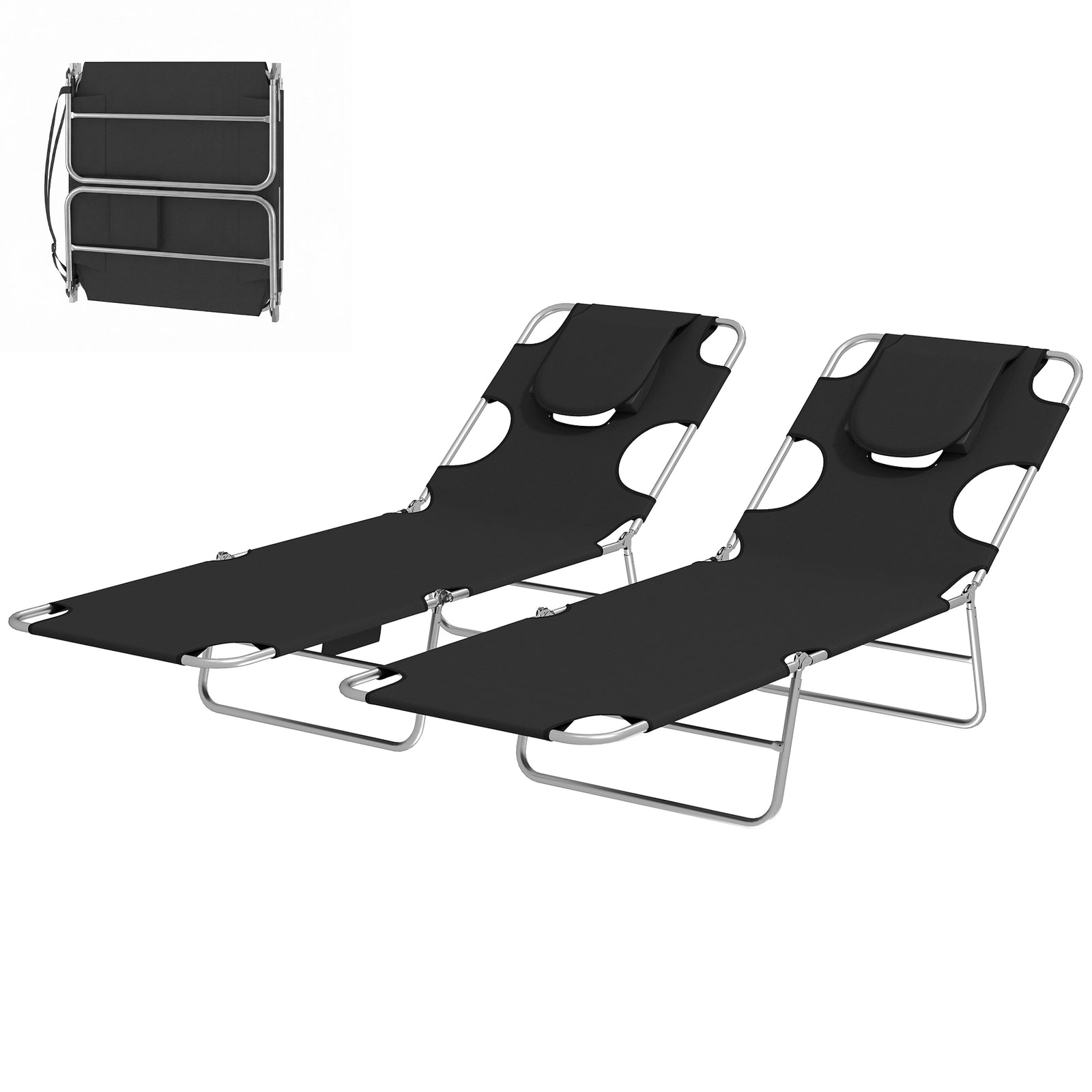 2 Sun Loungers With Reading Hole, Folding Garden Lounger | Black