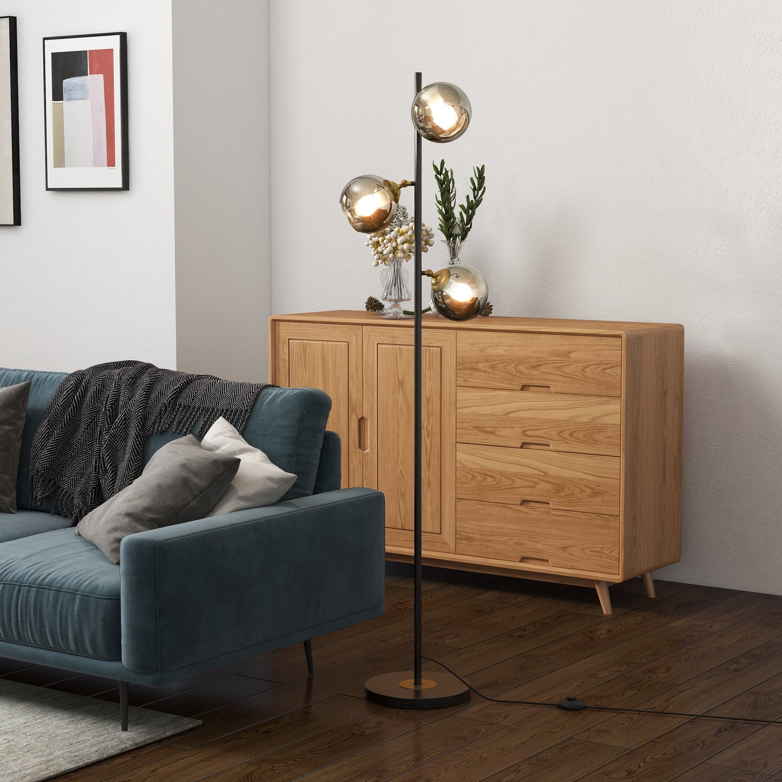 Modern Floor Lamp With Glass Global Shade 3 Light