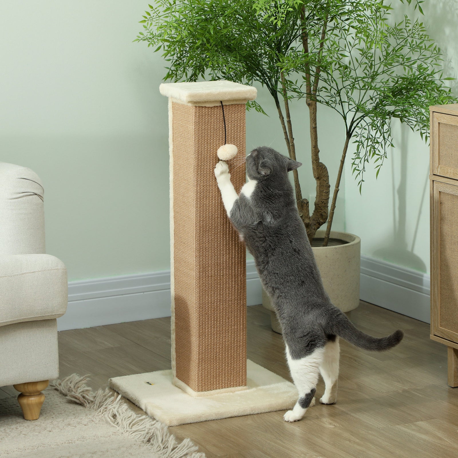 81cm Cat Scratching Post W/ Sisal Rope, Hanging Ball Soft Plush | Beige