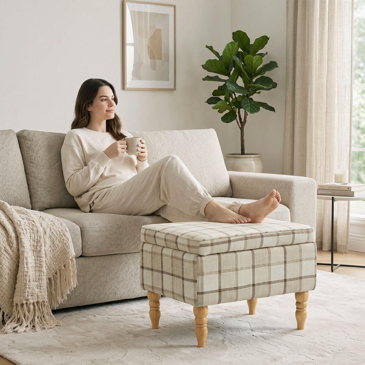 Linen Fabric Upholstered Footstool With Removable Top | Brown