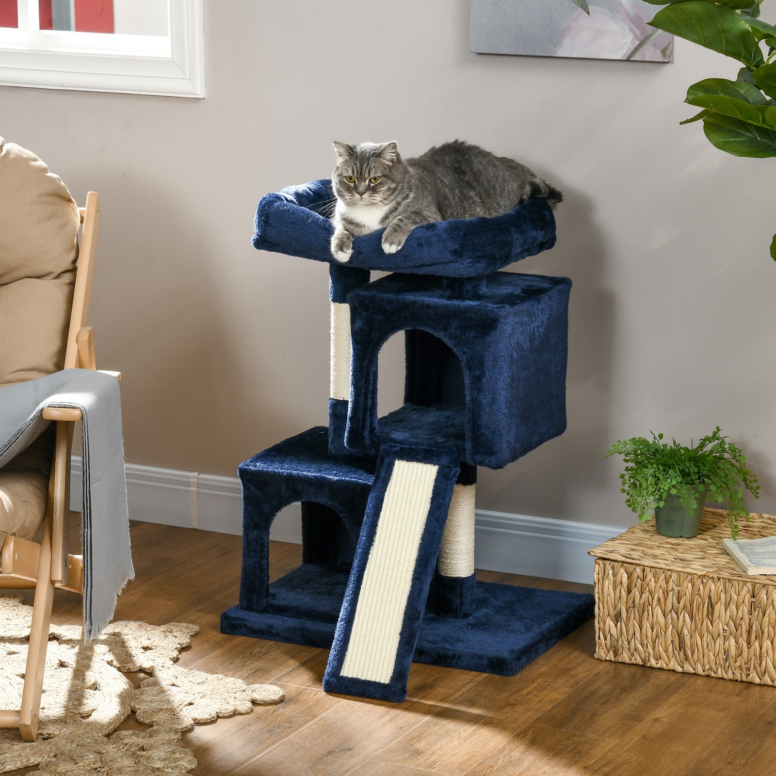 Cat Rest & Play Activity Tree W/ 2 House Perch Scratching Post | Blue