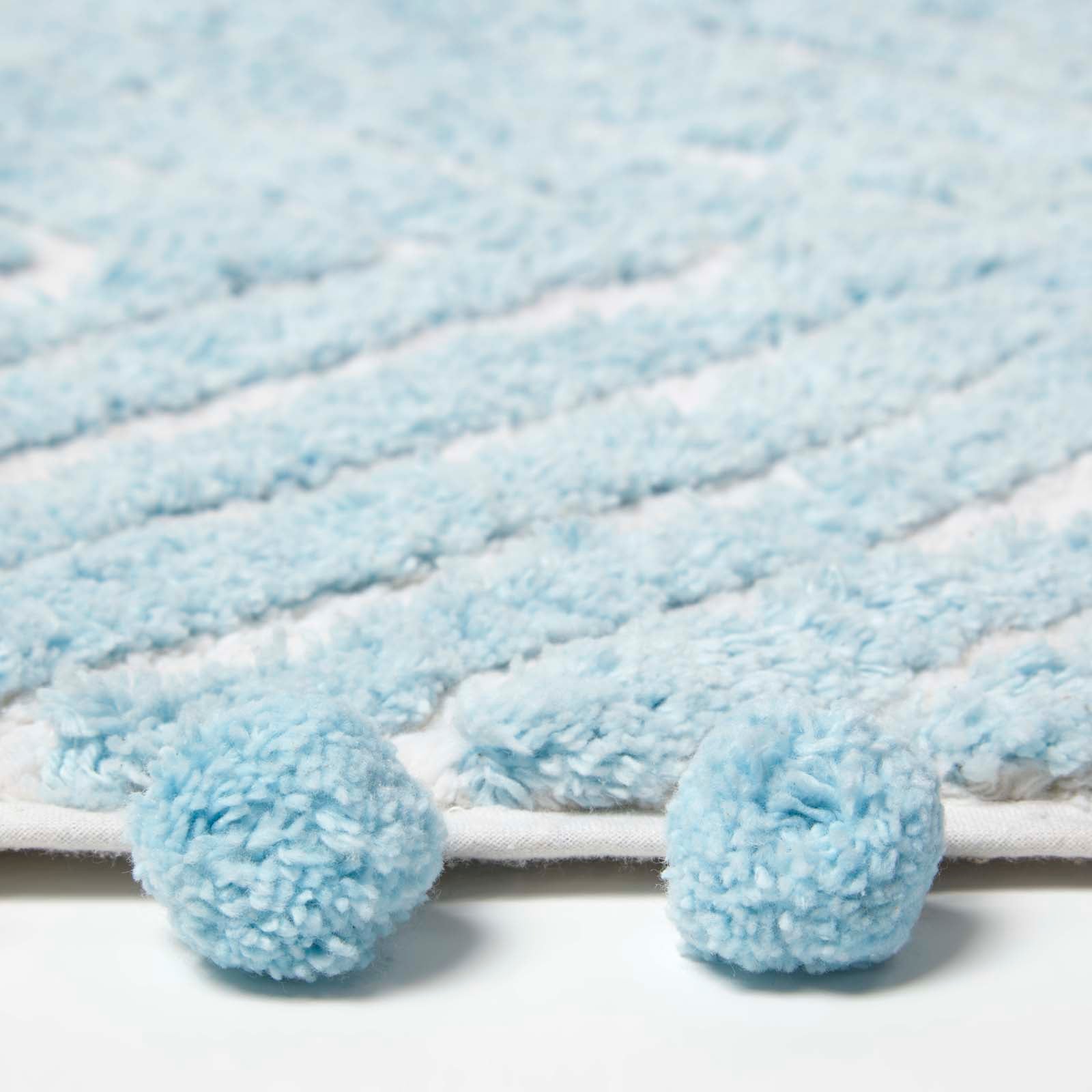 Tufted Cotton Bath Mat Zig Zag Design With Pom Poms | 50 x 80cm | Light Blue