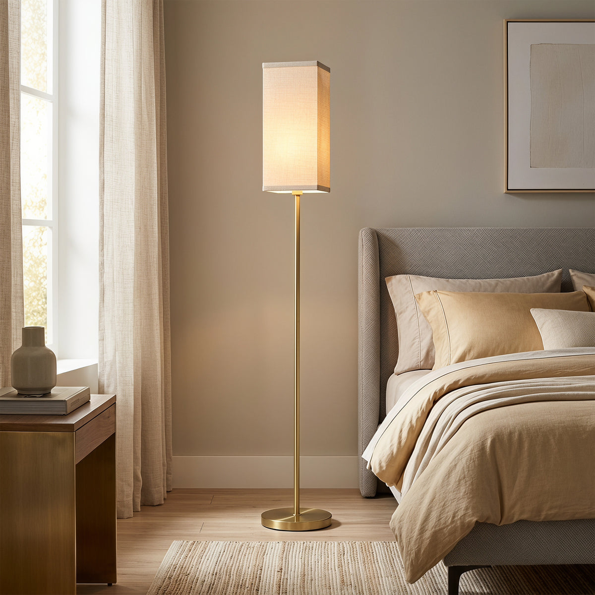 Floor Lamp, Modern Standing Lamp With Linen Shade, Gold Tone