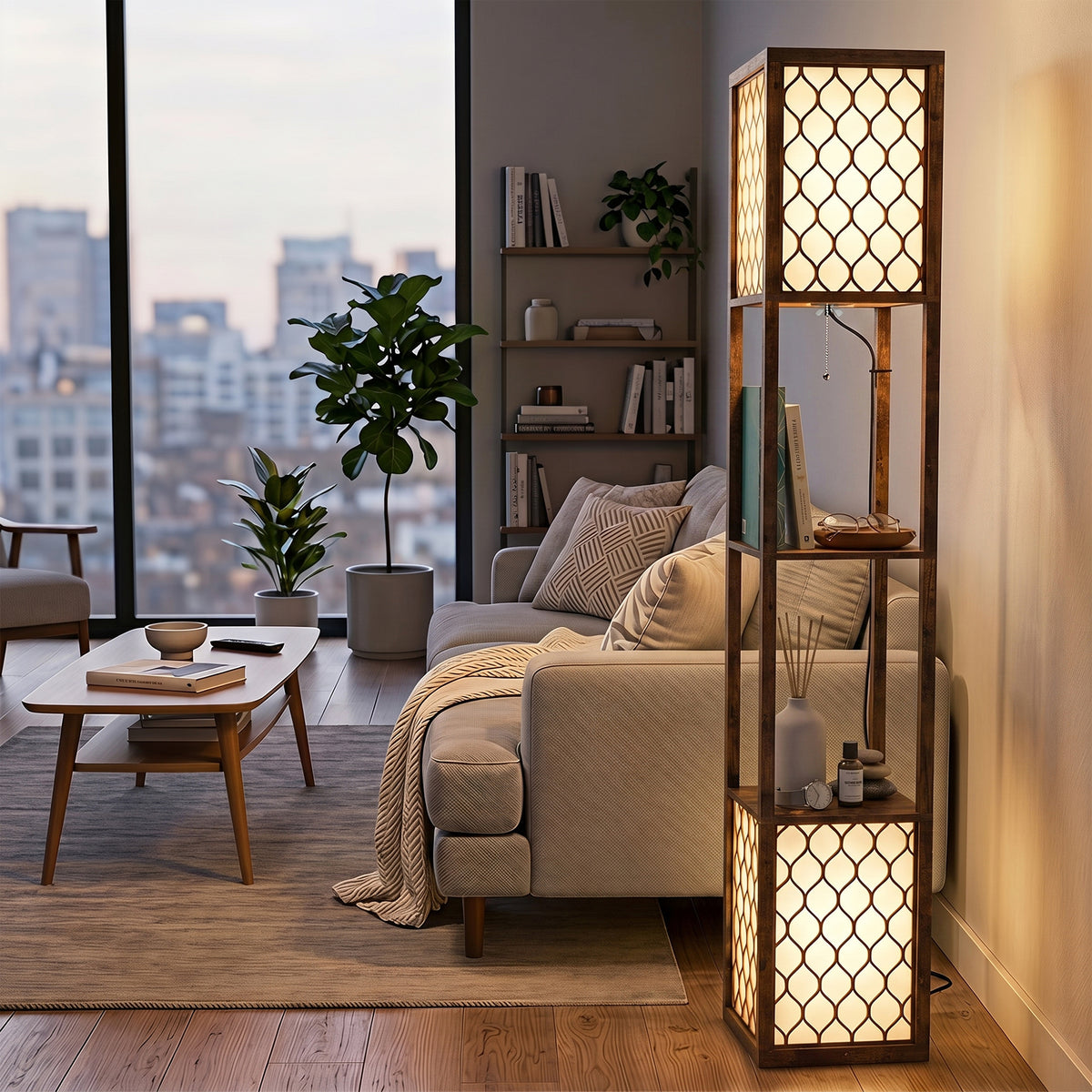 2-light Modern Floor Lamp W/ Shelves, Bedroom | Rustic Brown