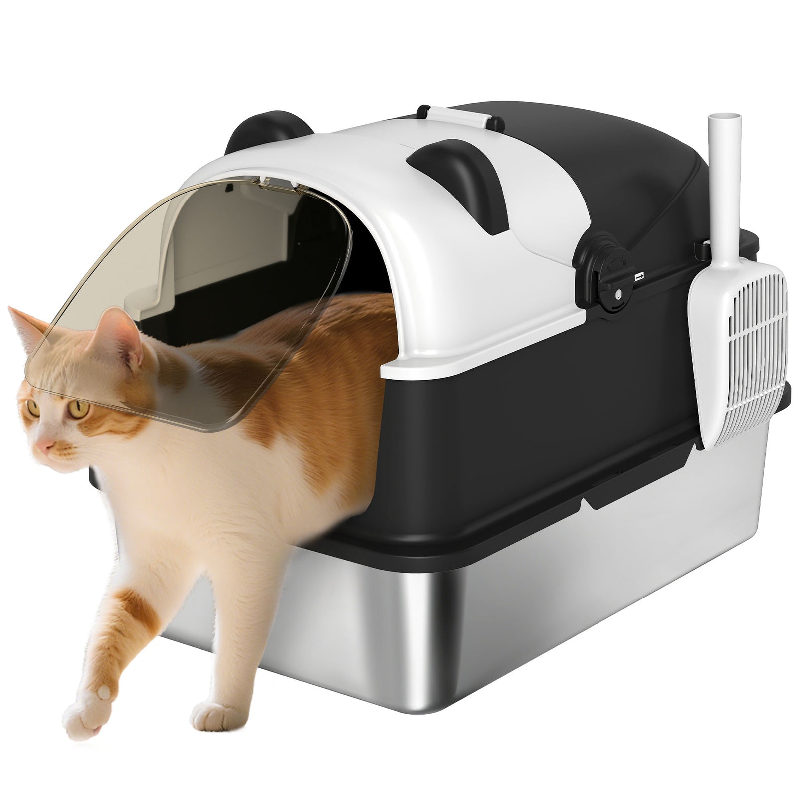 Xl Stainless Steel Litter Box Tray With Lid, Panda Style | Black