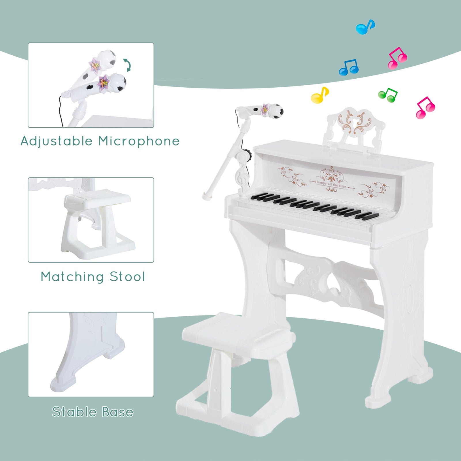 37 Key Keyboard Battery Piano Kids Microphone Stool Educational Game | White