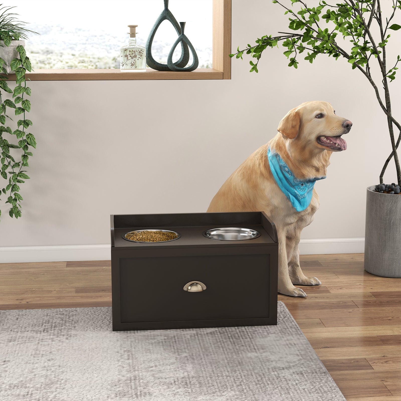 Stainless Steel Raised Dog Bowl W/ 21l Storage Drawer, For Large Dogs | Brown