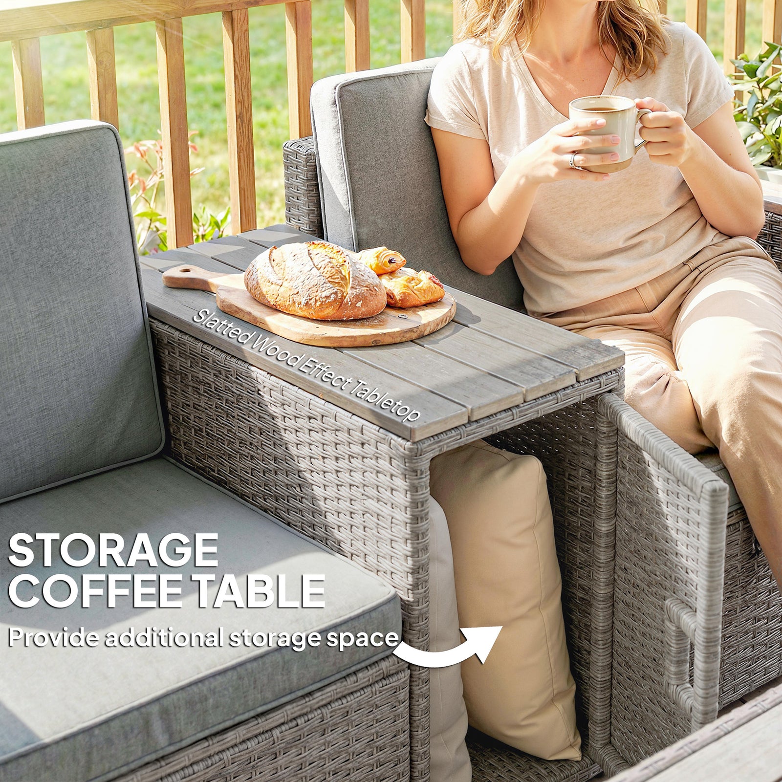 5 Piece Rattan Garden Furniture Set W/ Storage Table | Dark Grey