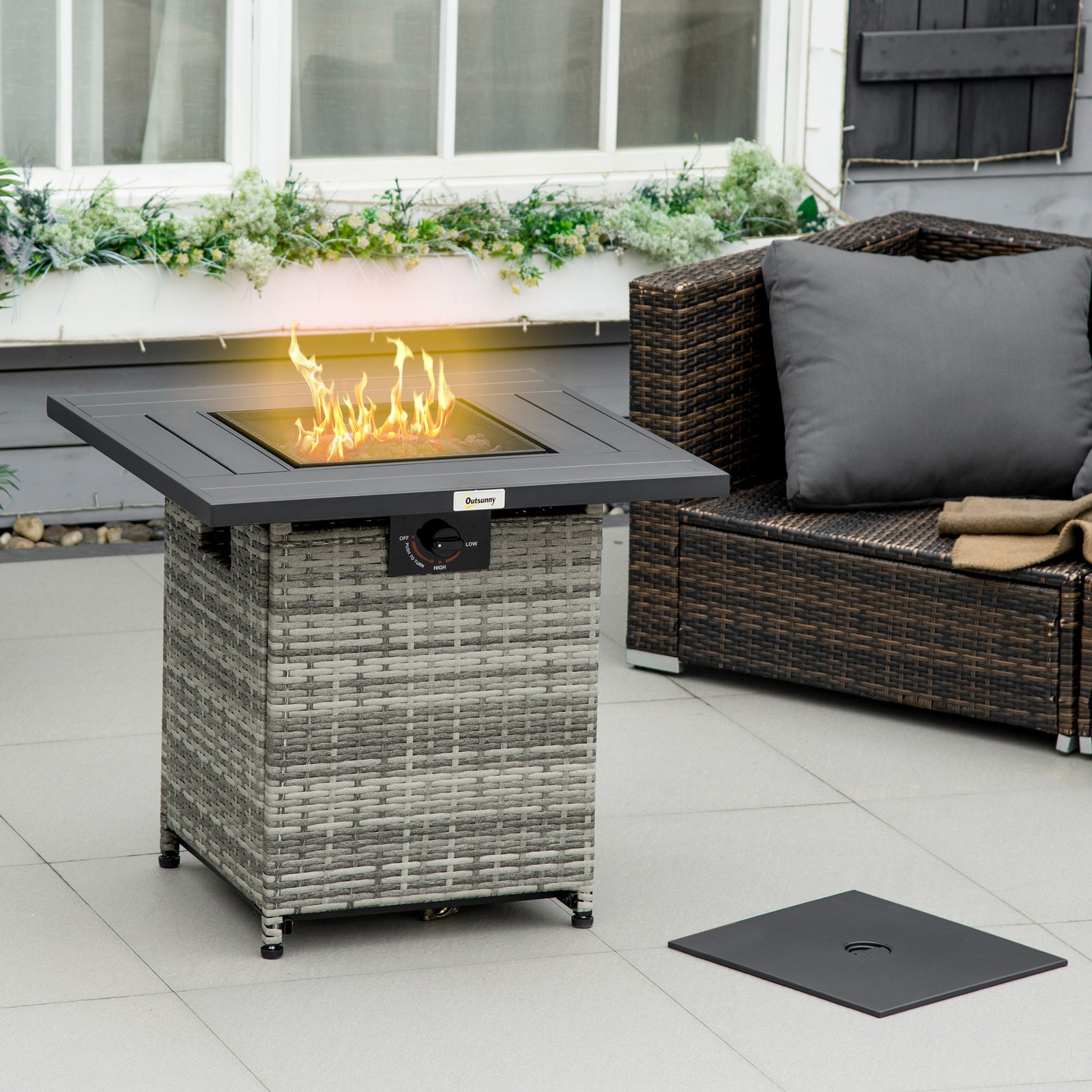 Pe Rattan Gas Fire Pit Table With Rain Cover Mesh Lid