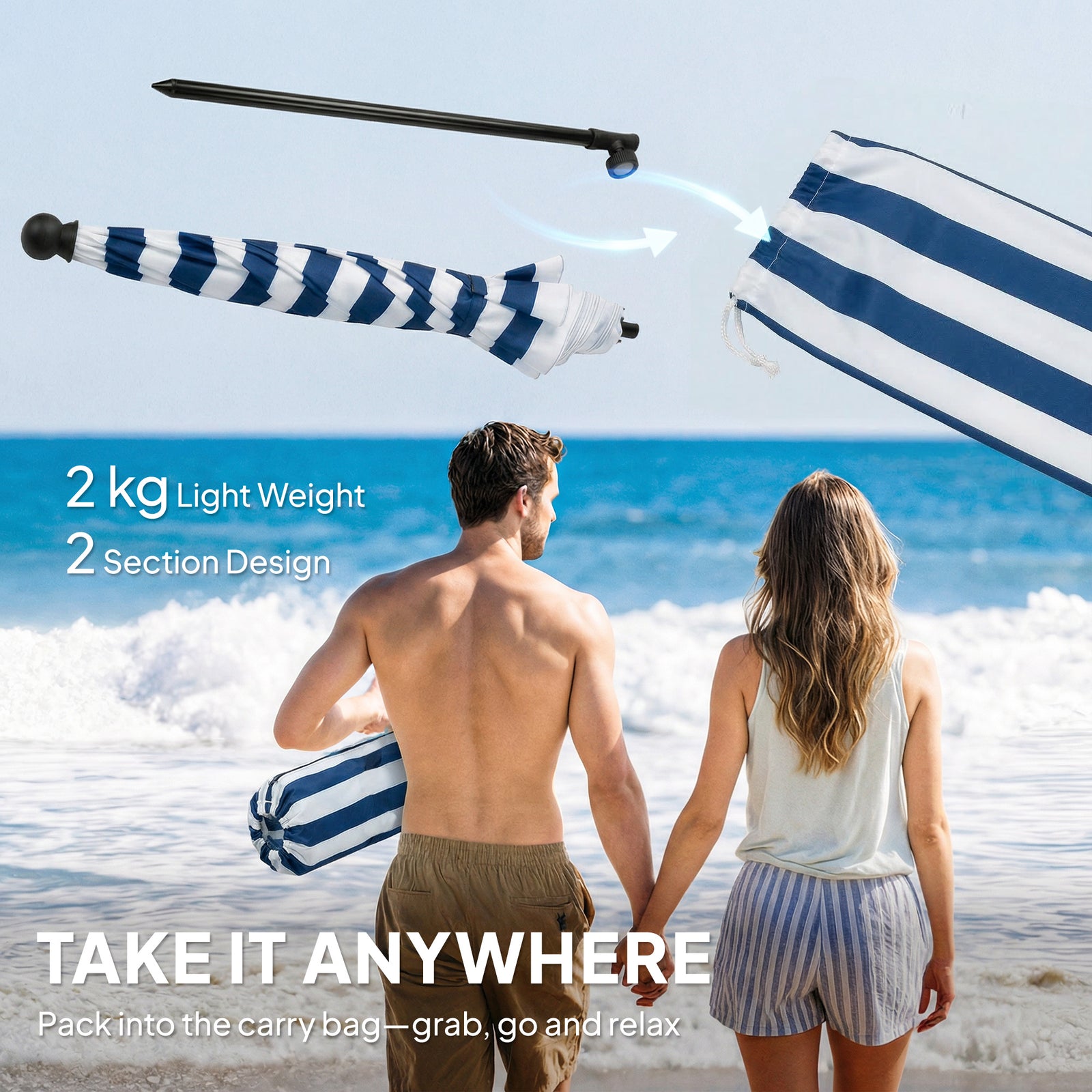 1.8 M Beach Umbrella Parasol With Sand Anchor, Tilt | Blue & White