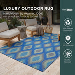 Luxury Outdoor Rug Waterproof Reversible For Garden Patio 100% Recycled, Blue Amber Ikat | 180cm x 270cm | Blue