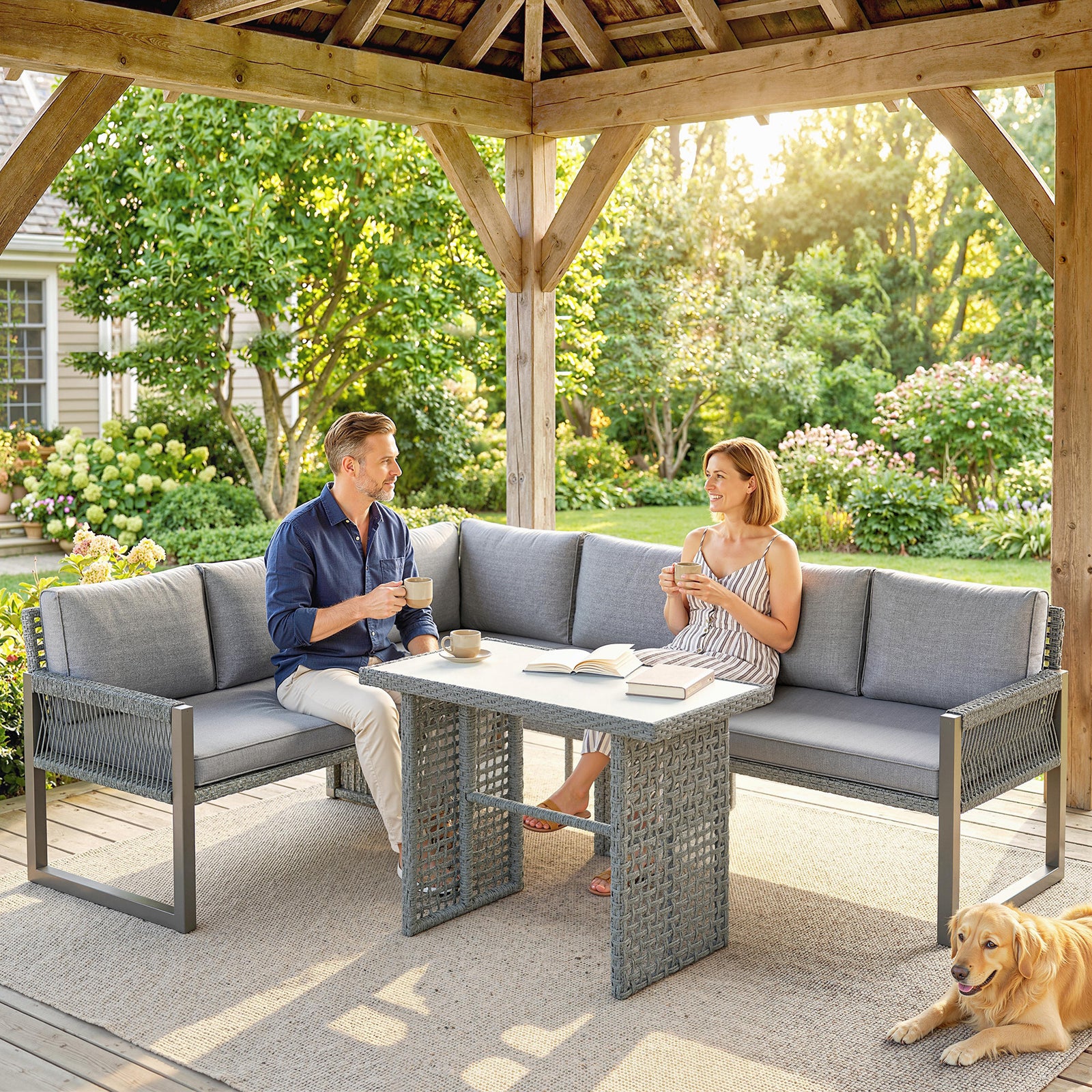 4 Piece Rattan Garden Furniture Set With 3 Loveseats, Table, Grey