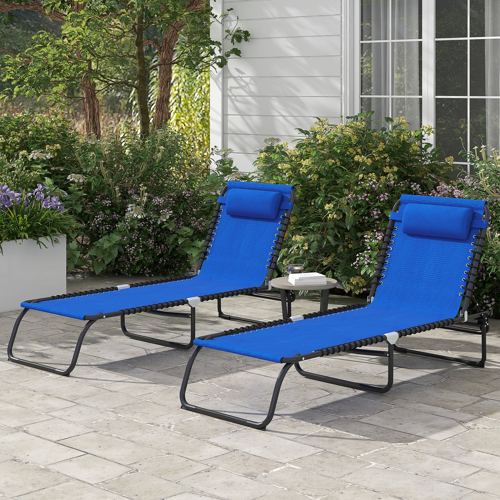 2 Pcs Beach Chaise Lounge 4 Adjustable Positions | Set of 2 | Navy Blue