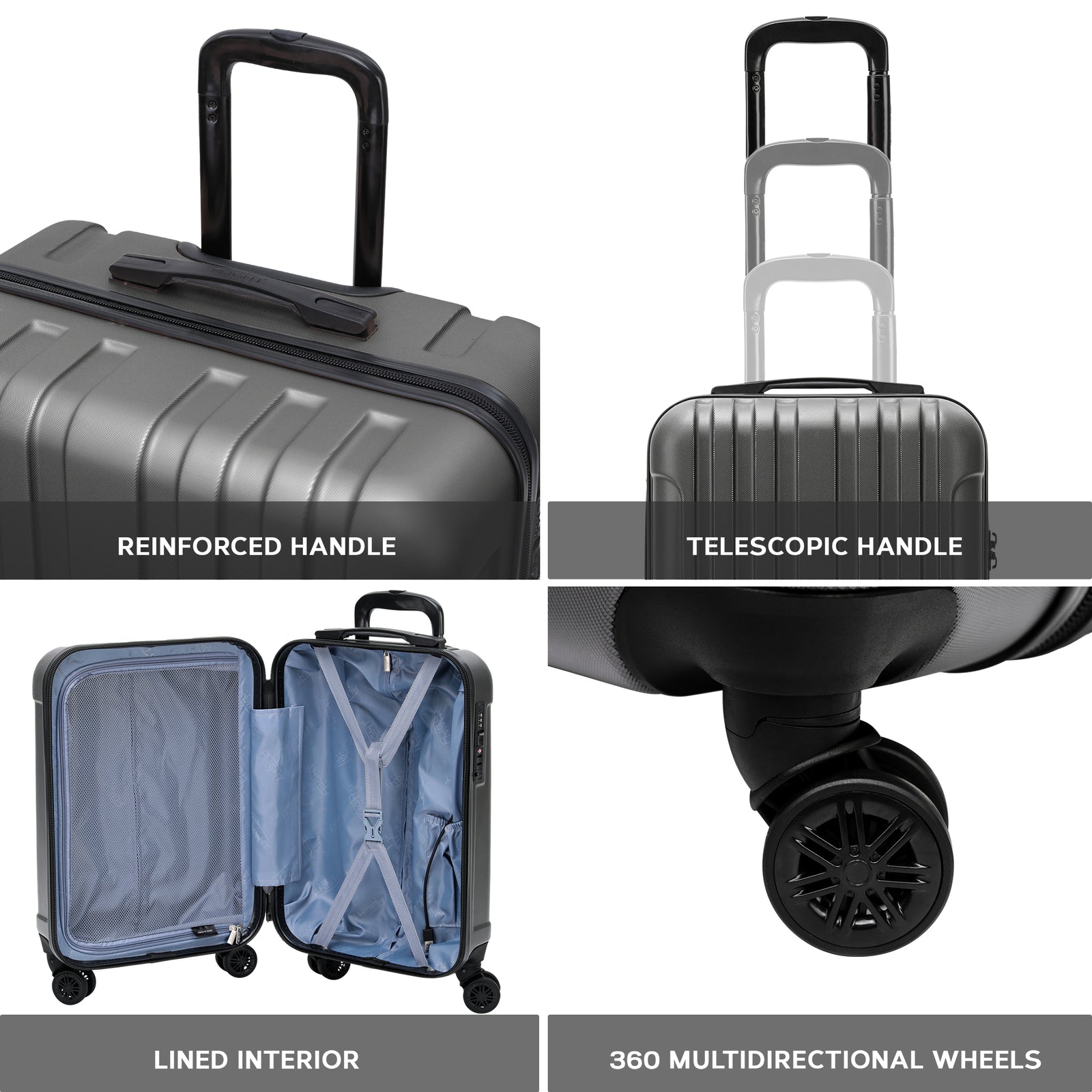 Set Of 3 Hard Shell Suitcases Overhead Carry On Cabin Bag & Check In 20kg+ Medium And Large Bag. | Set-of-3 | Anthracite