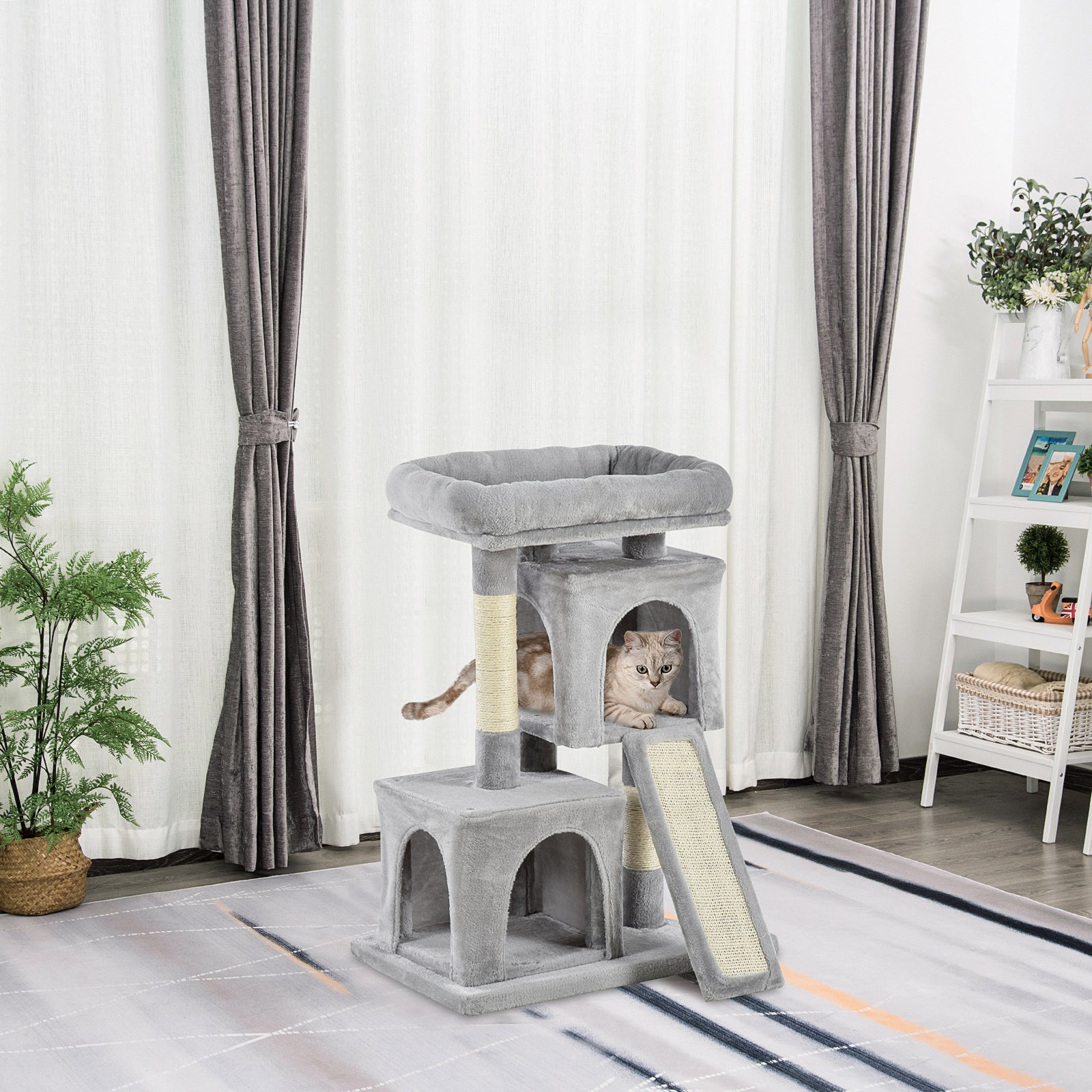 Cat Rest & Play Activity Tree W/ 2 House Perch Scratching Post | Gray