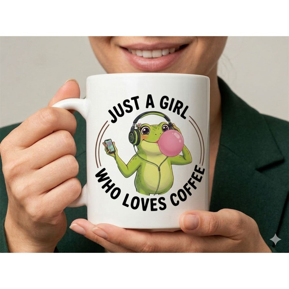 Dyzi Just A Girl Who Loves Coffee Frog Quote Ceramic Mug White