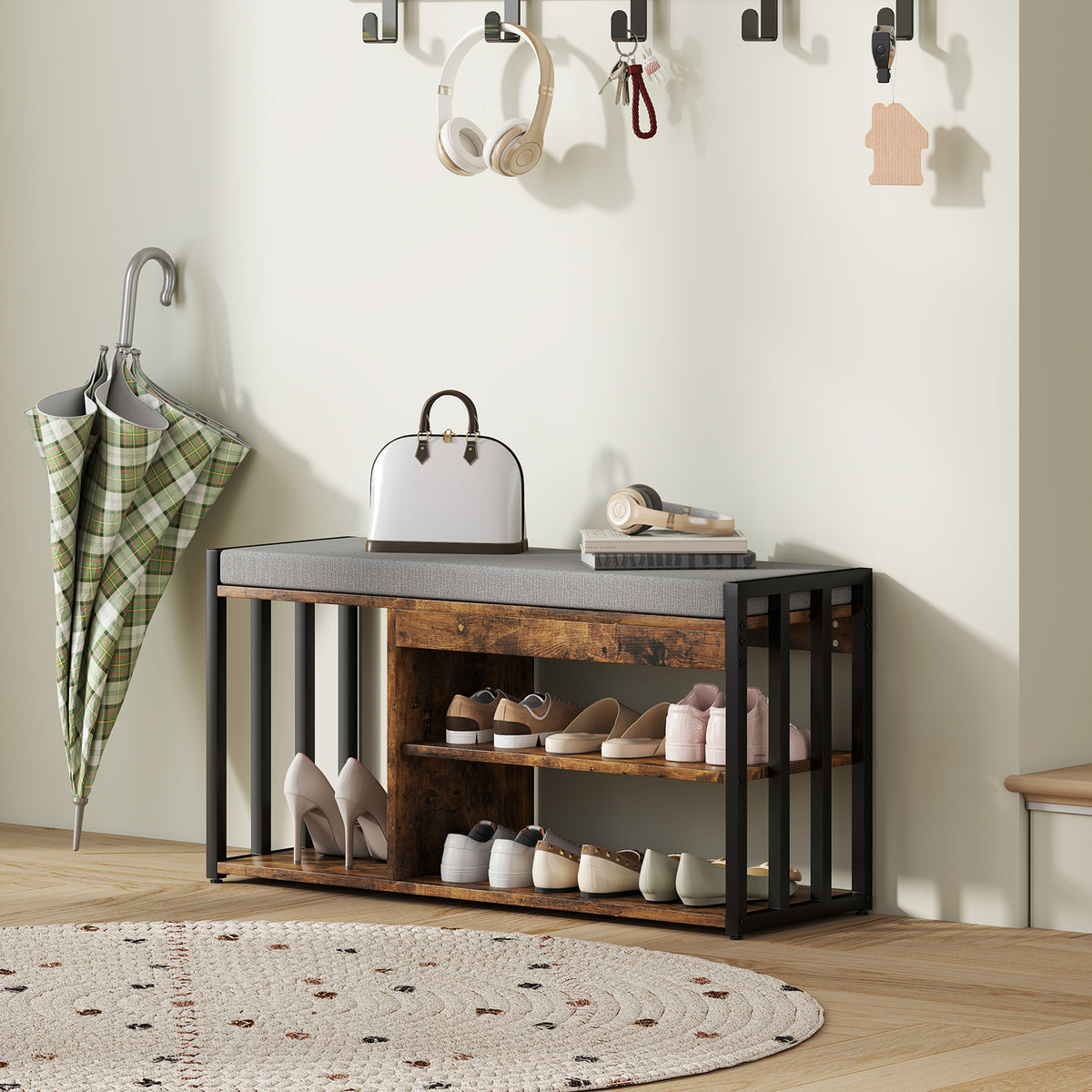 HOMCOM Upholstered Entryway Shoe Bench With Storage Shelves, Rustic Brown