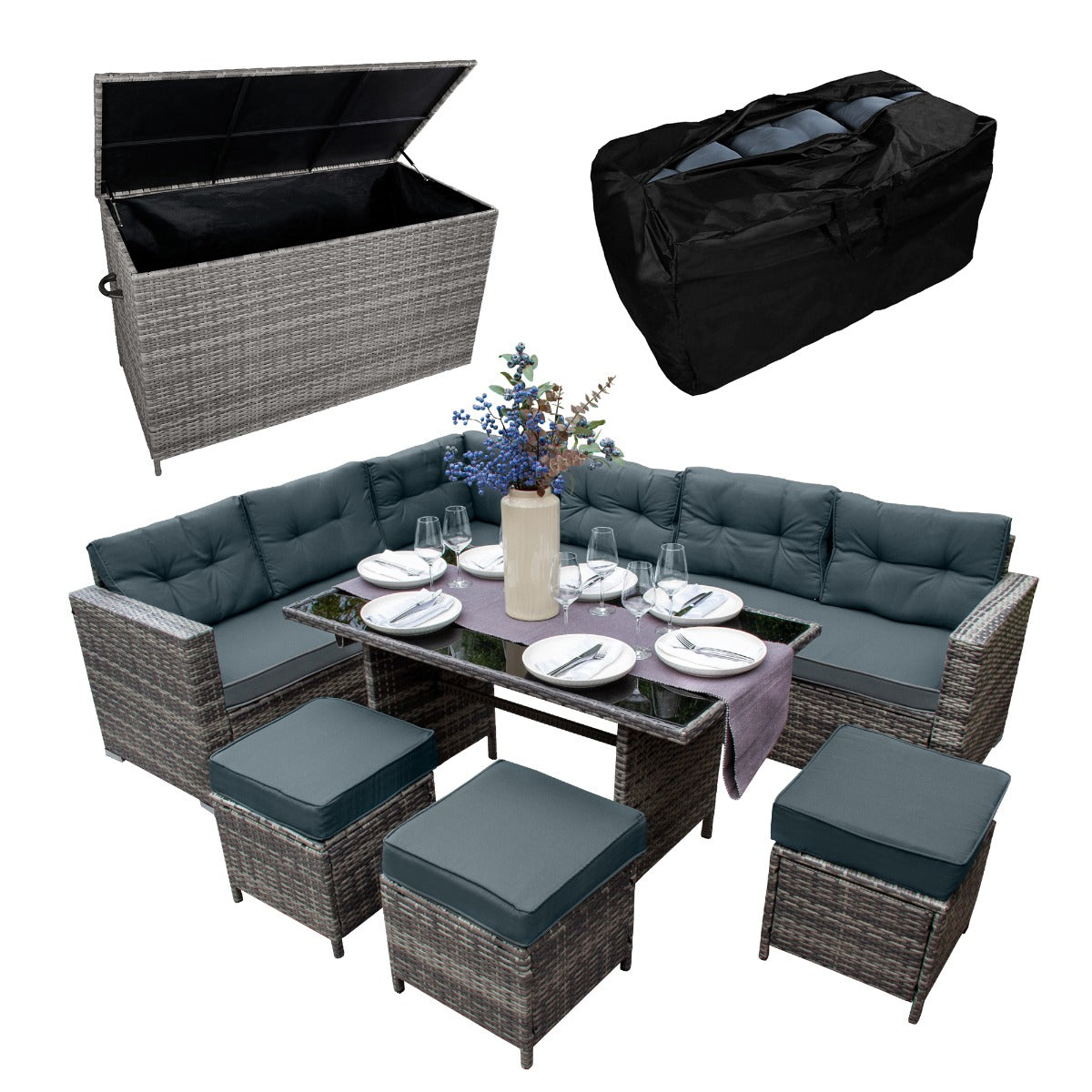 Rattan Corner Set & Cushion Storage Box | Grey