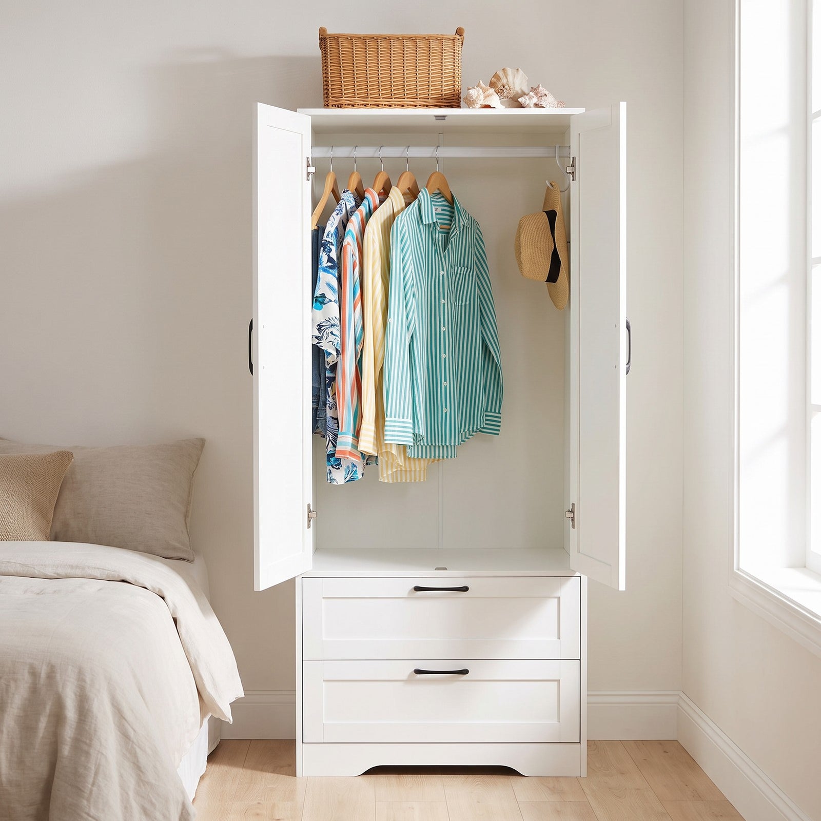 2-door Wardrobe With Drawers & Mirror | One Size | White