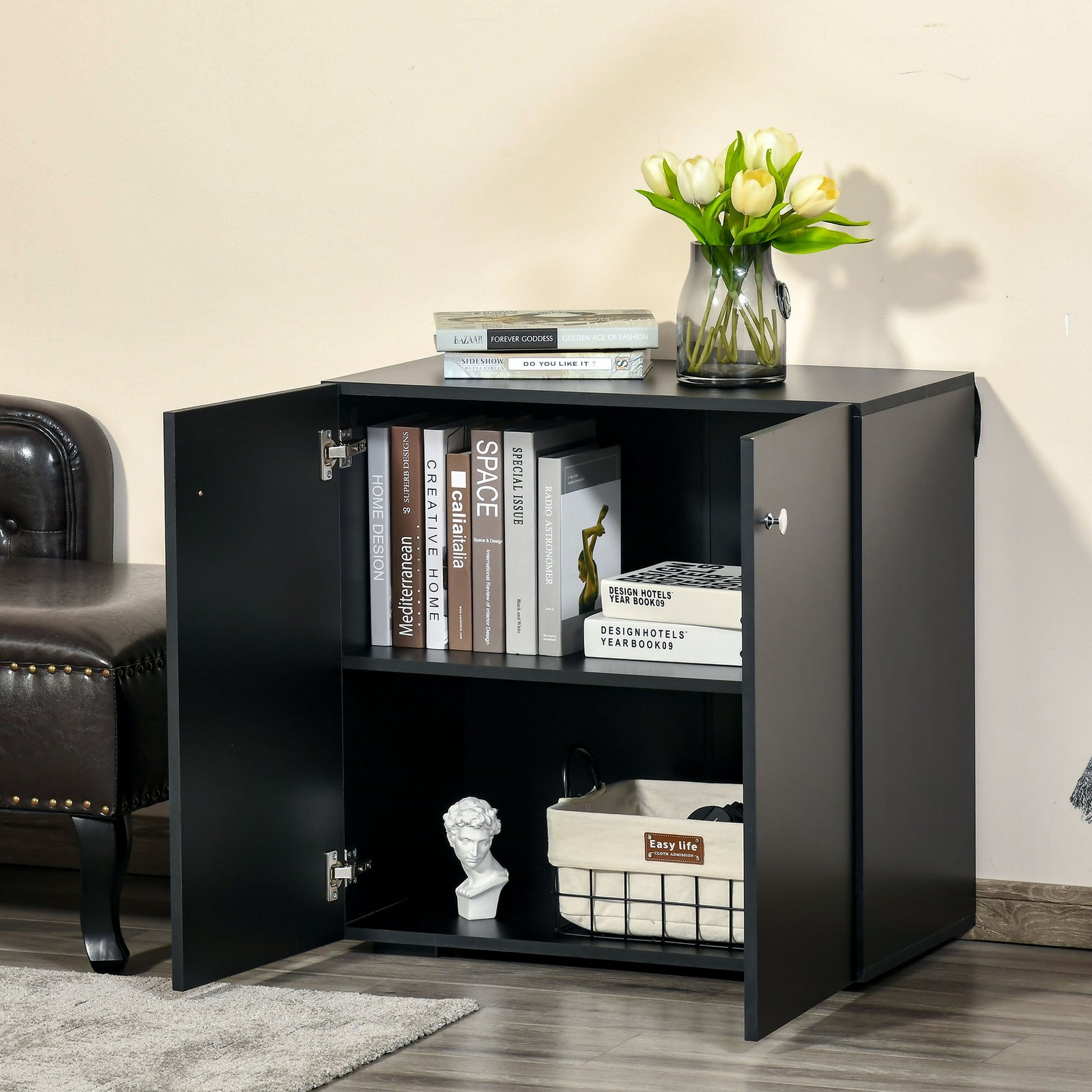 Freestanding Storage Cabinet Two Shelves Wooden Sideboard | One Size | Black