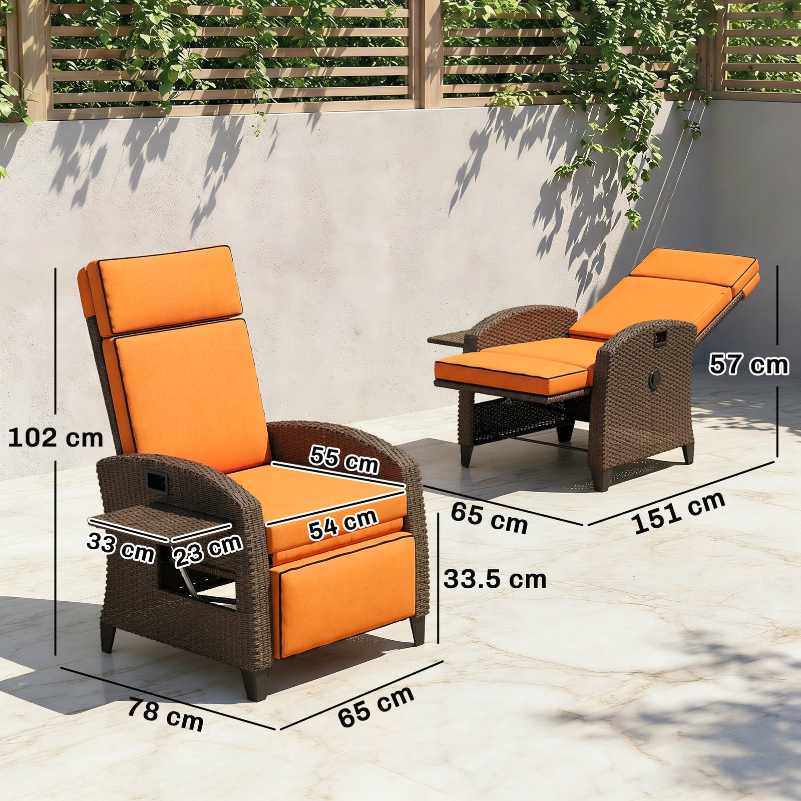 Garden Recliner With Cushion, Rattan Recliner Chair With Armrests | Orange