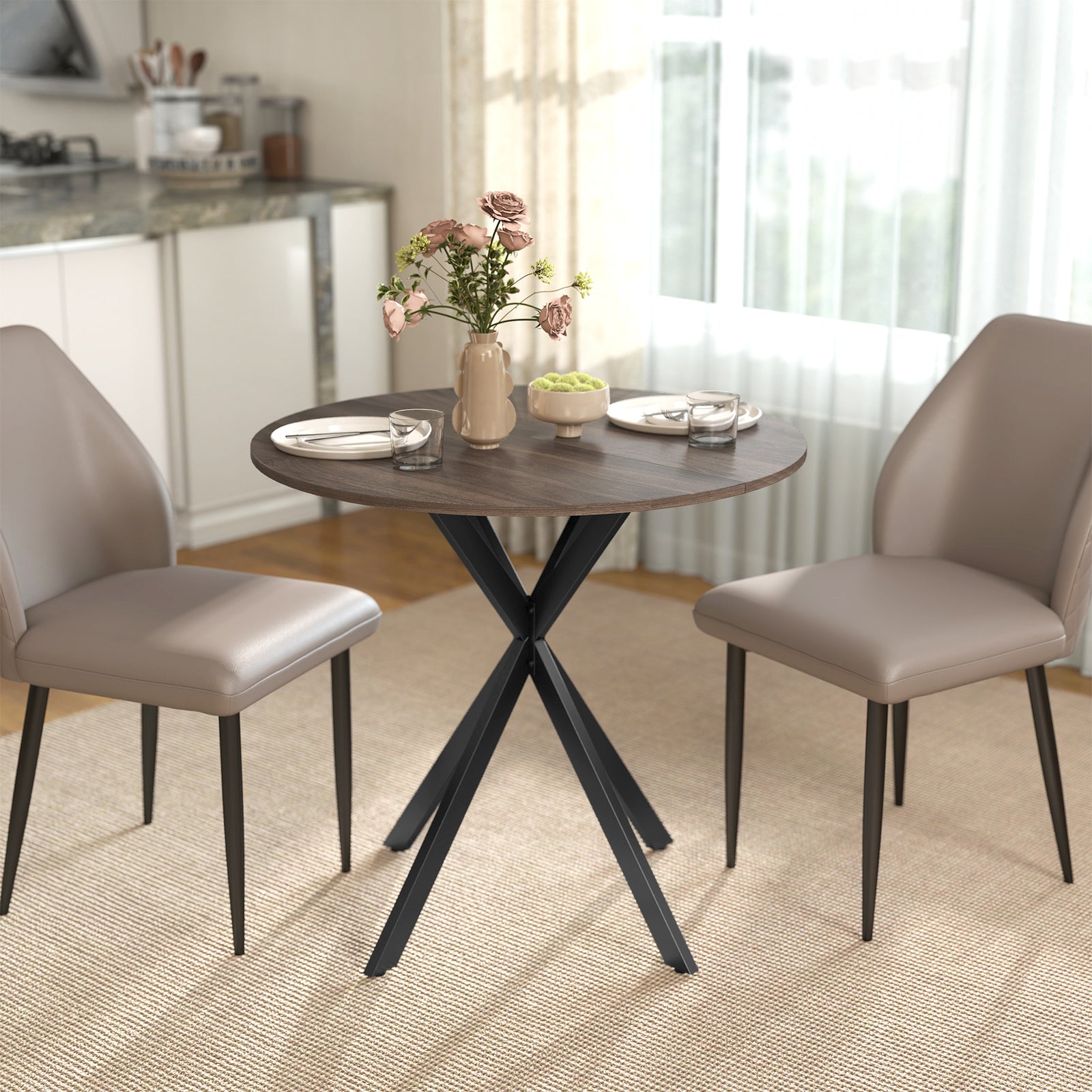 80cm Round Dining Table, Industrial Kitchen Table With Steel Legs | Brown