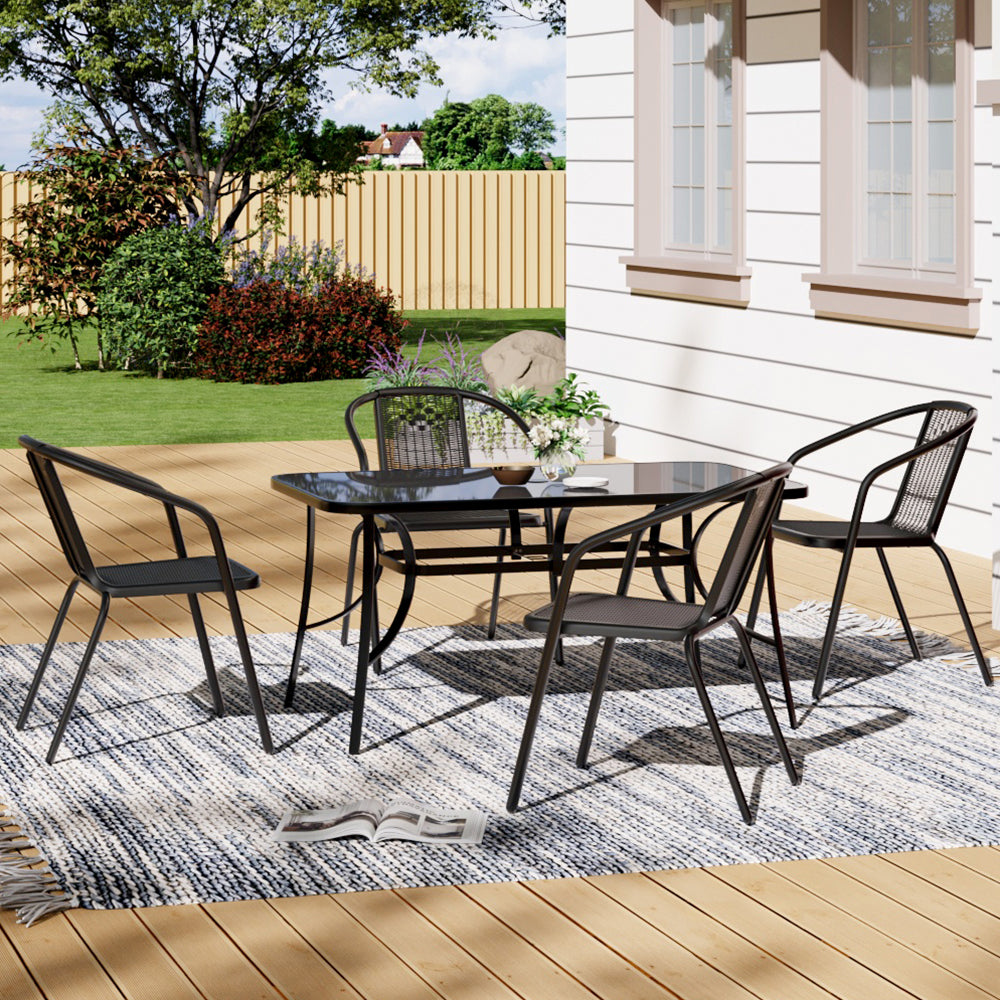 5 Pieces Garden Dining Set Outdoor Tempered Glass Garden Table With Rattan Chairs