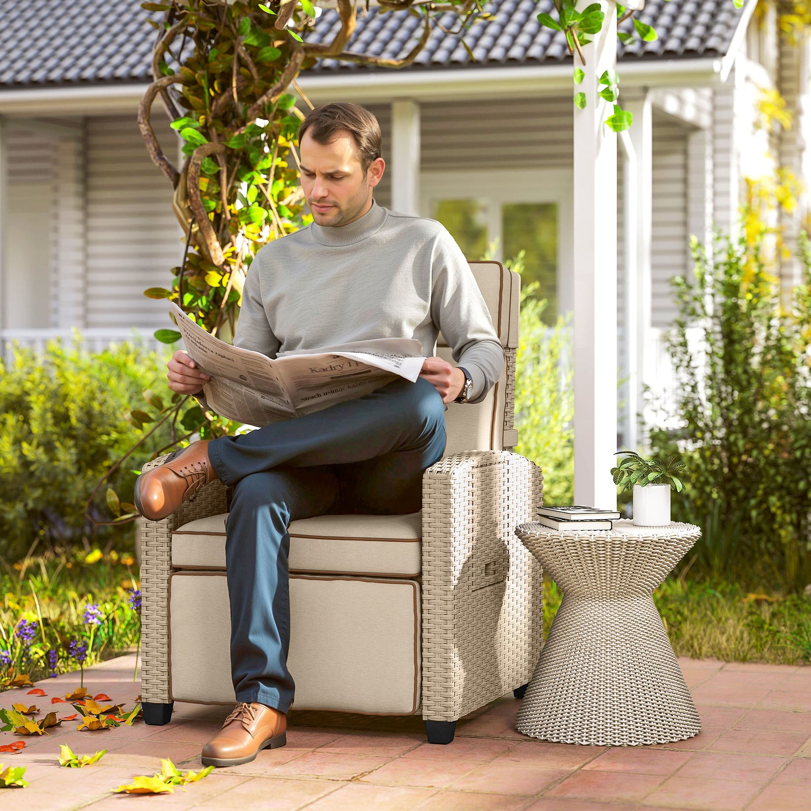 Rattan Recliner Chair, Adjustable Backrest | White