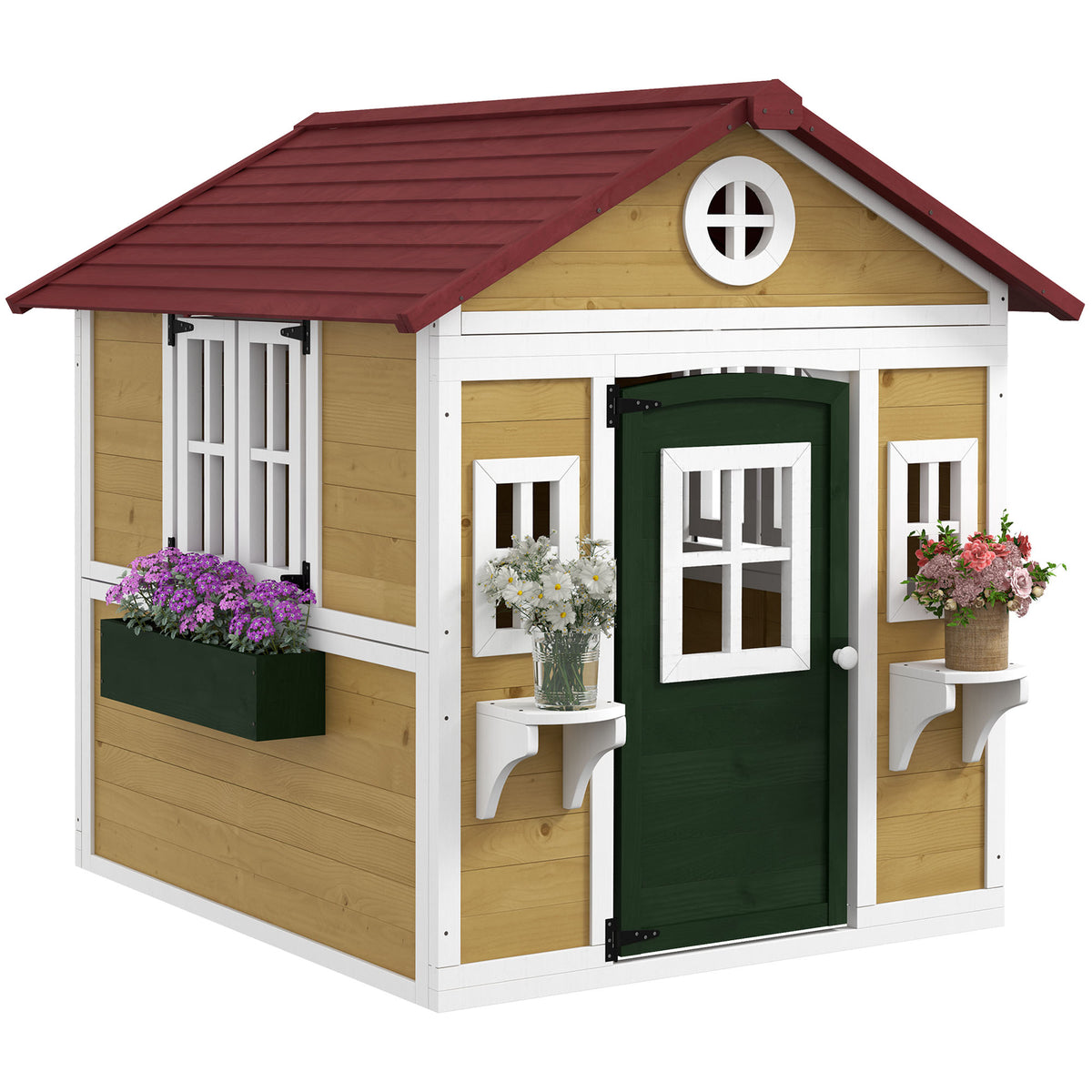 Wooden Playhouse With Doors, Windows, Plant Pots For Kids | Beige