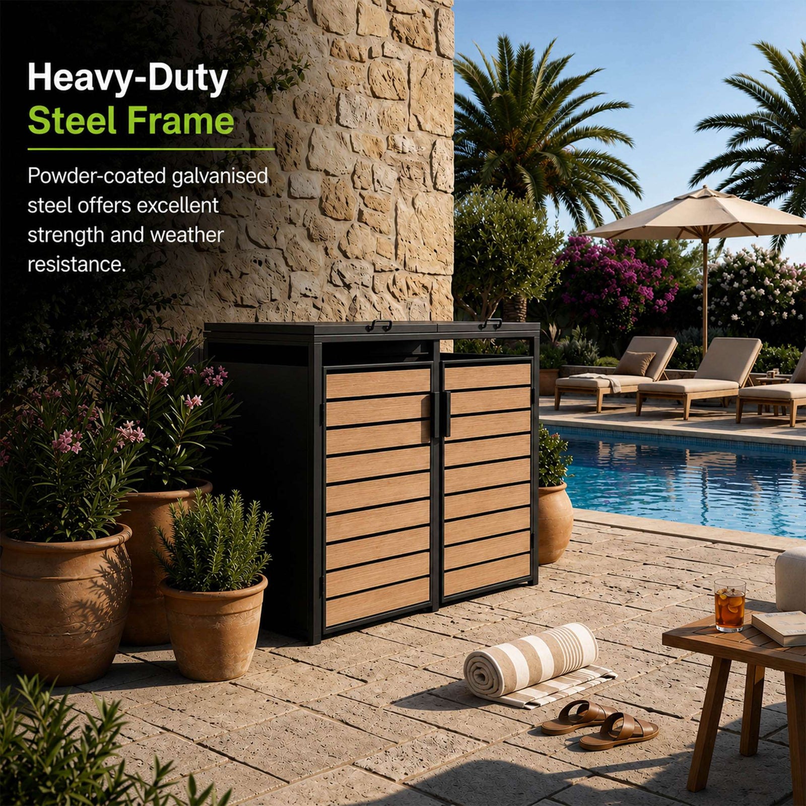 Outdoor Metal Bin Storage Double Wheelie Bin Storage Shed - Wood Slat Doors
