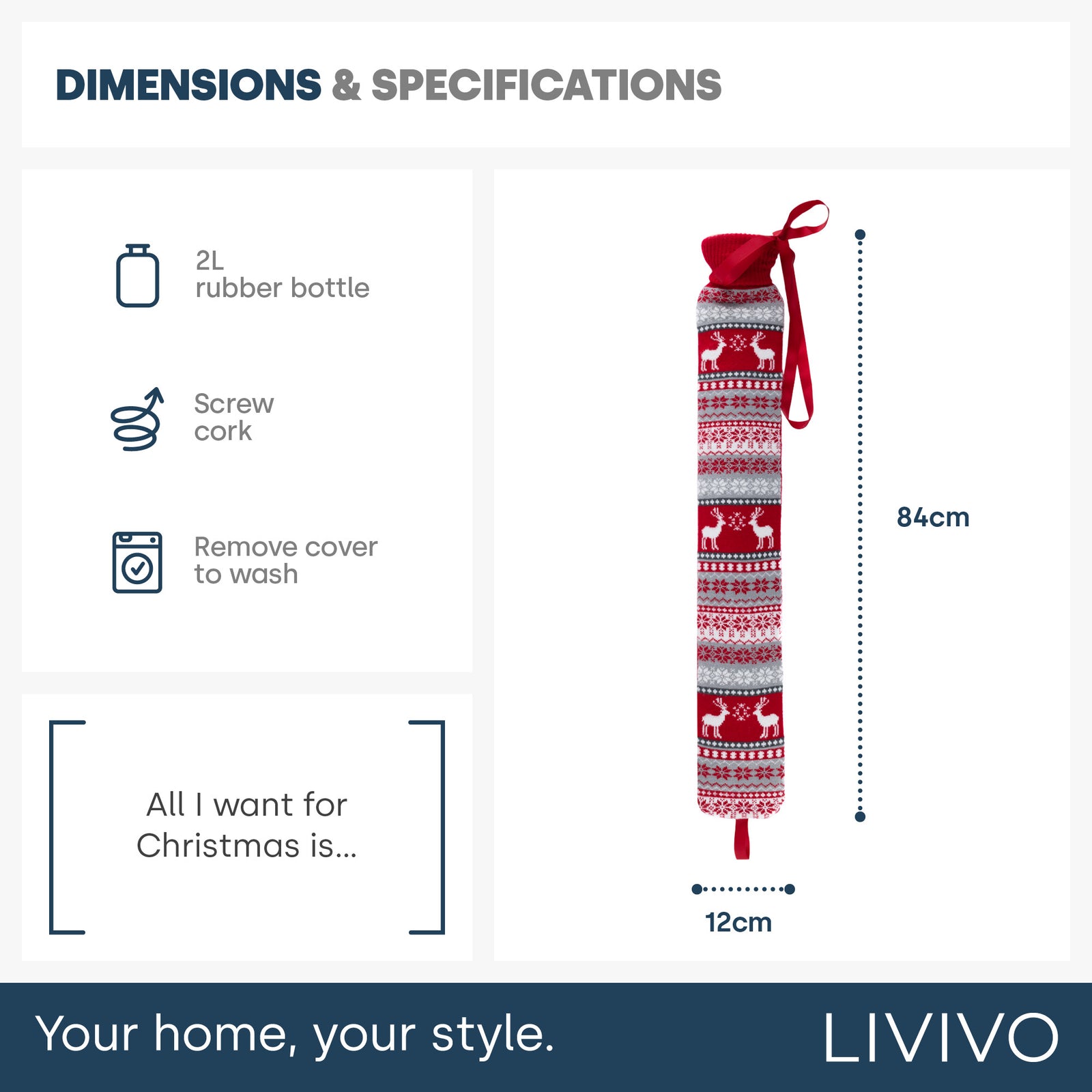 Livivo 2l Long Hot Water Bottle With Red Festive Knitted Washable Cover