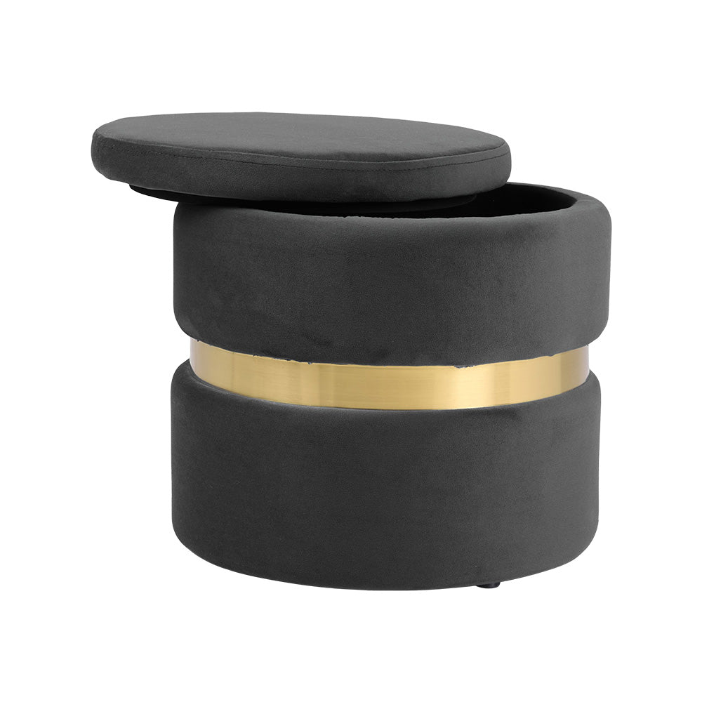 Upholstered Storage Ottoman Foot Rest With Gold Metal Ring 40cm Dia | Grey