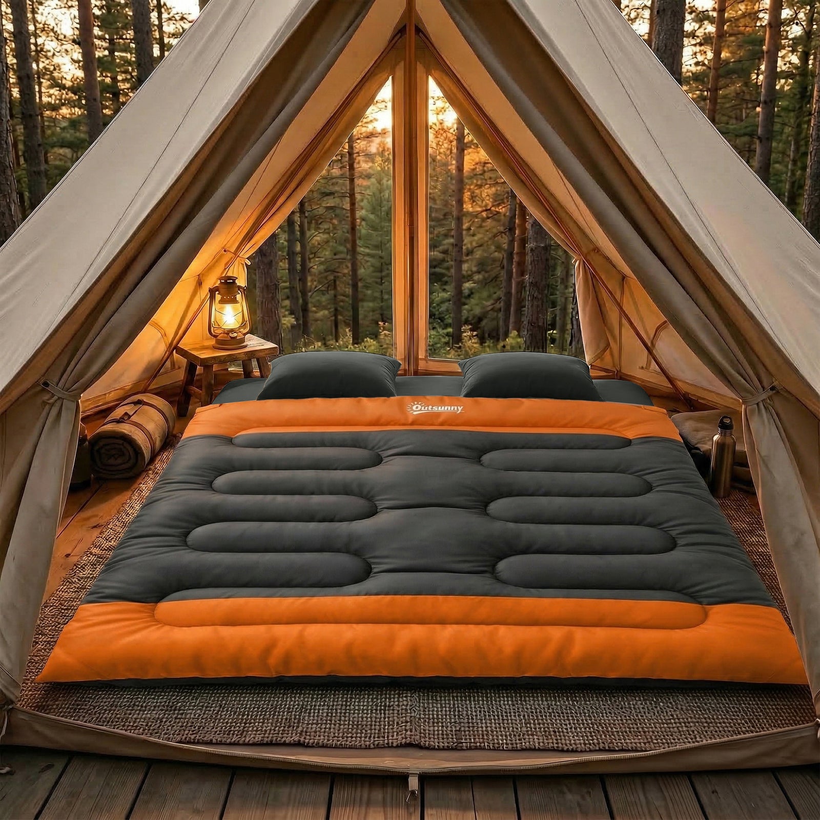 Double Sleeping Bag With 2 Pillows, 220 X 160cm Sleeping Bag | Orange & Black