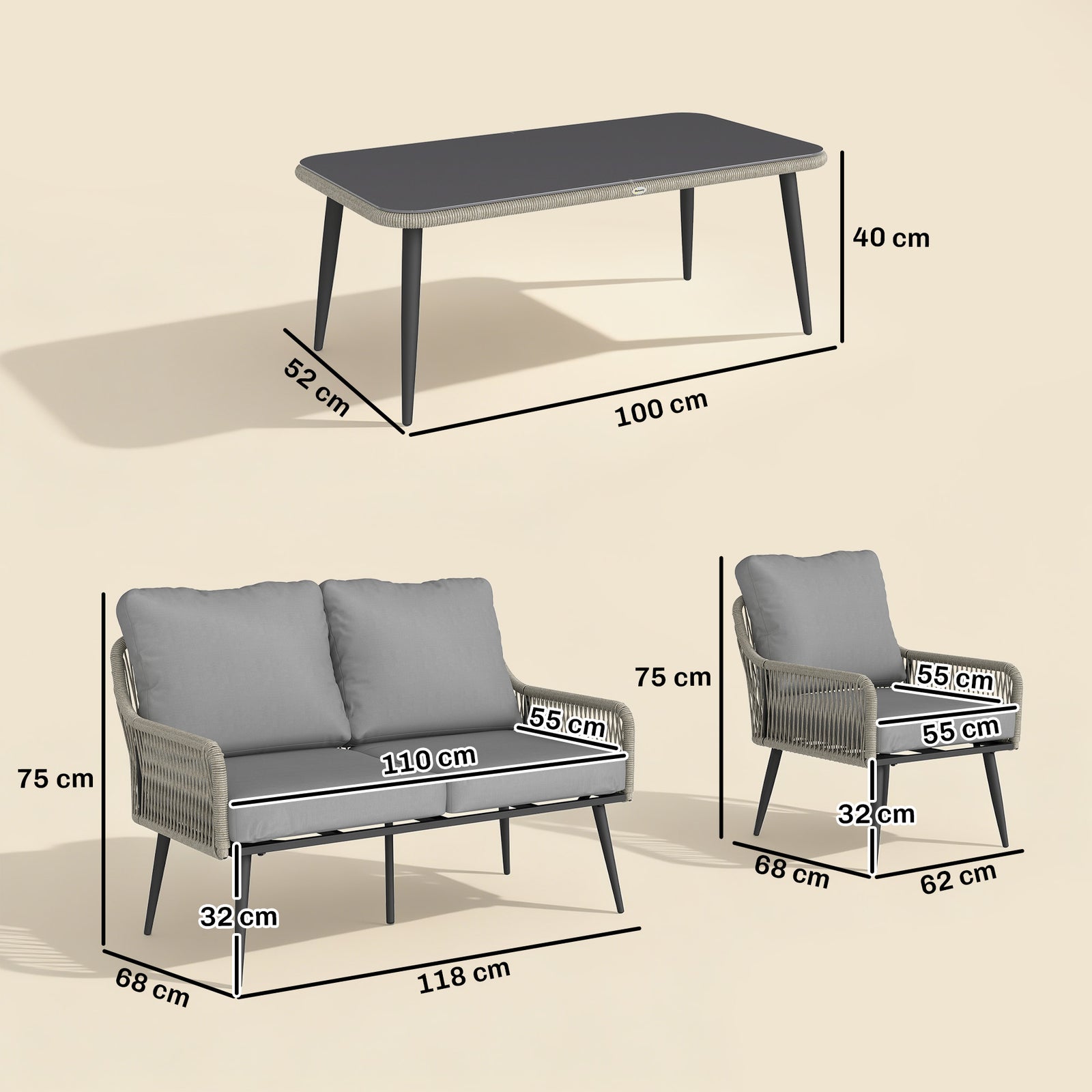 Rattan Garden Furniture Set, Tempered Glass With 3 Chairs | Light Grey