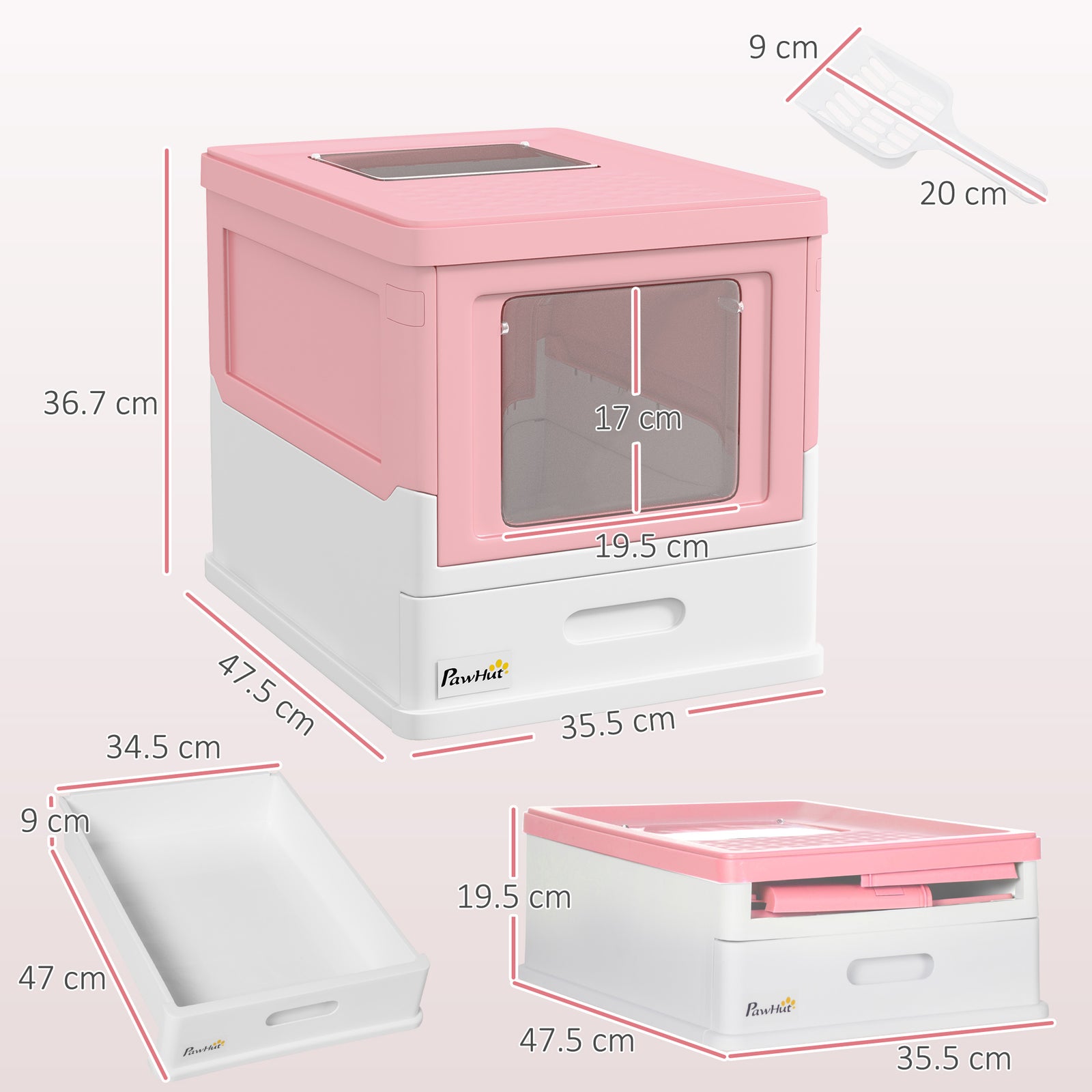 Hooded Cat Litter Box Litter Tray Pet Toilet W/ Scoop, Front Entry - Pink
