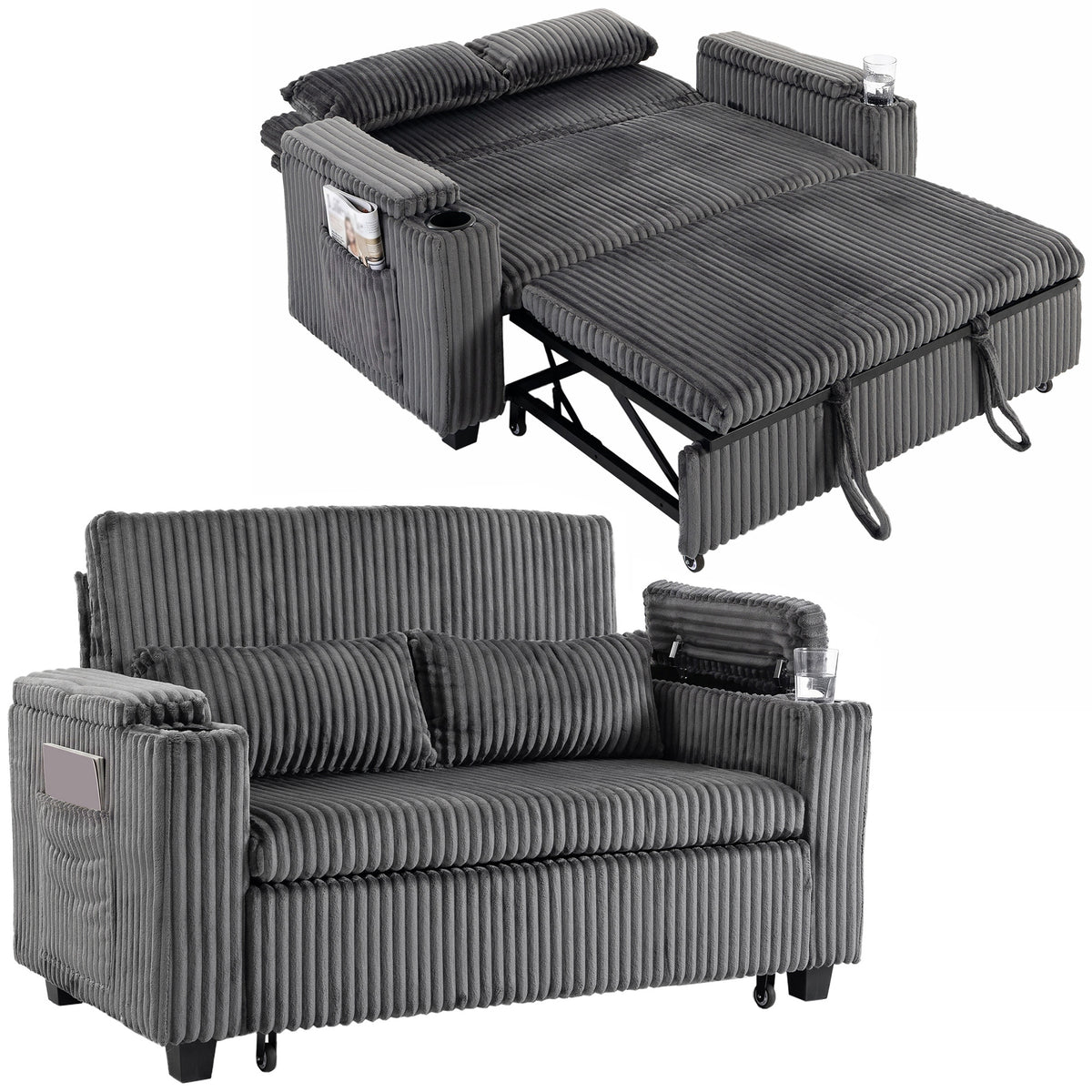 2 Seater Sofa Bed, 3-in-1 Corduroy Pull Out Sleeper Sofa | Dark Grey