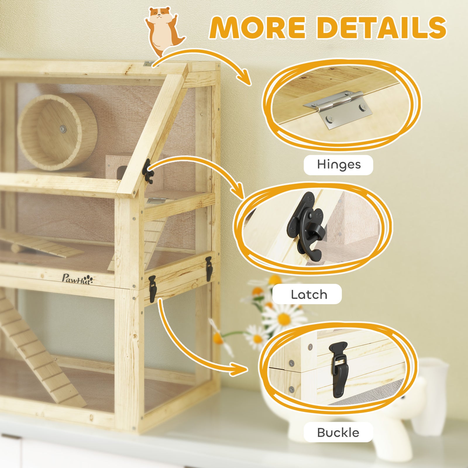 Wooden Hamster Cage W/ Detachable Bottom, Hut, Seesaw, 60 X 40 X 75cm