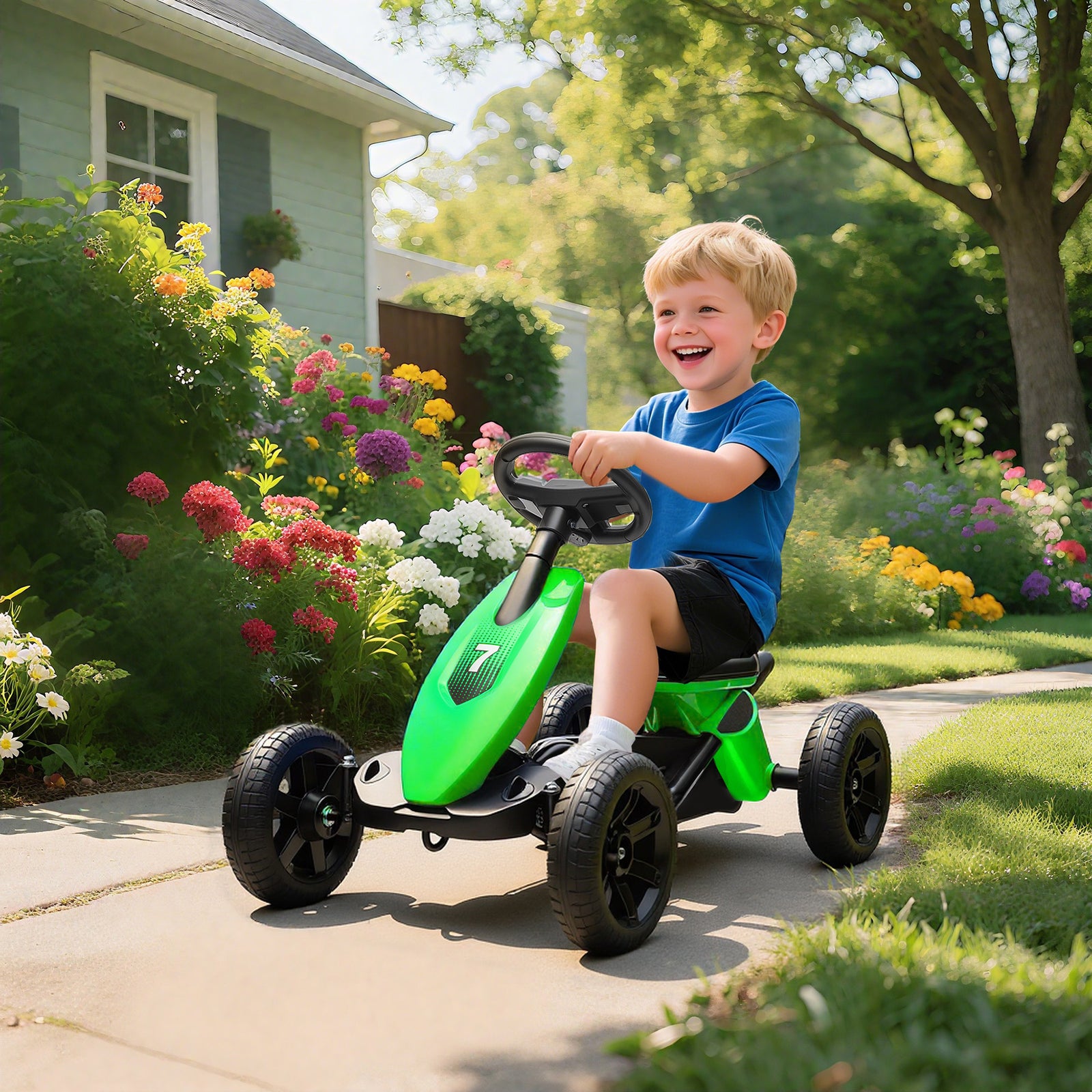 Pedal Go-kart For Kids With Silent Eva Wheels, Metal Frame | Green