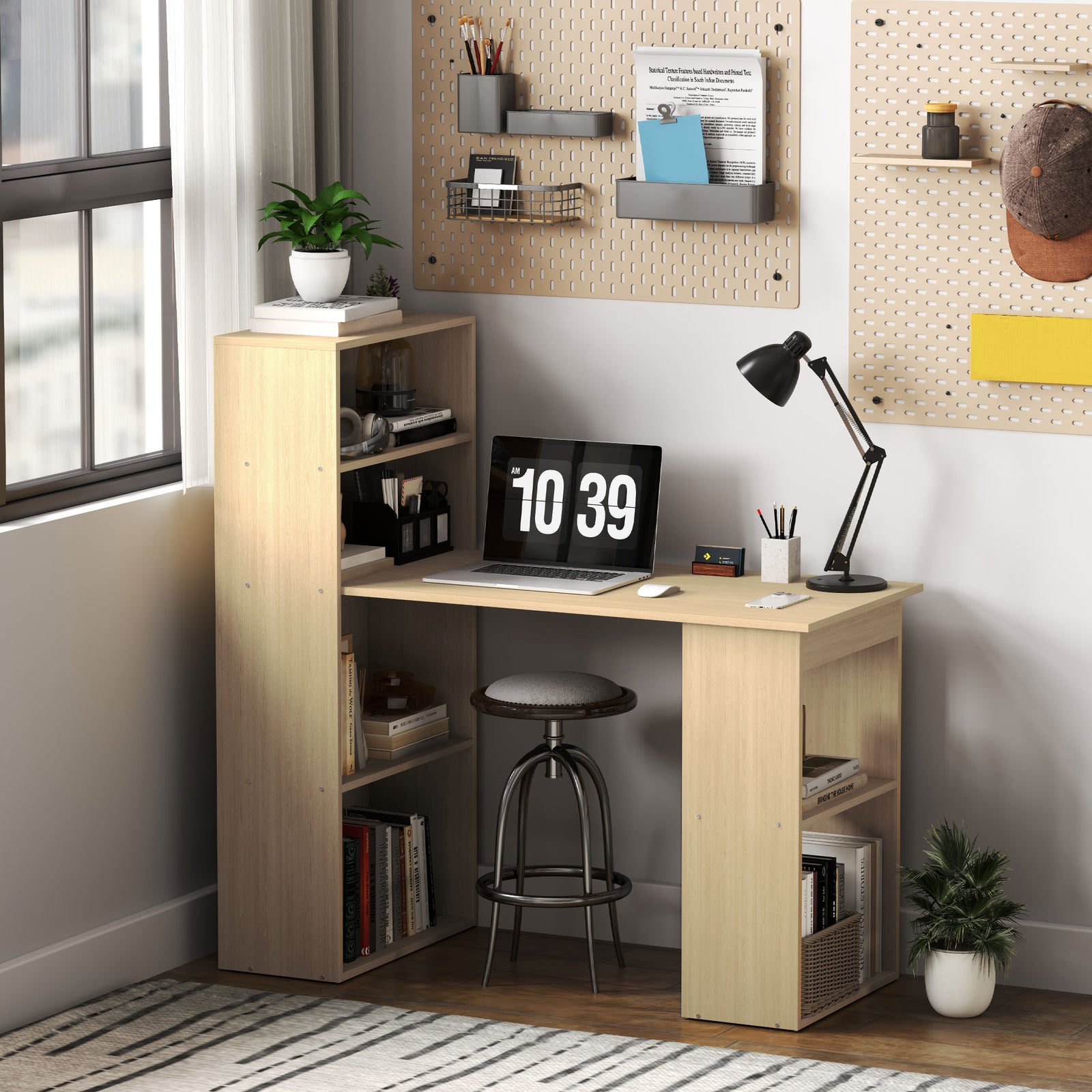 120cm Computer Desk Bookshelf Writing Table 6 Shelves | Natural