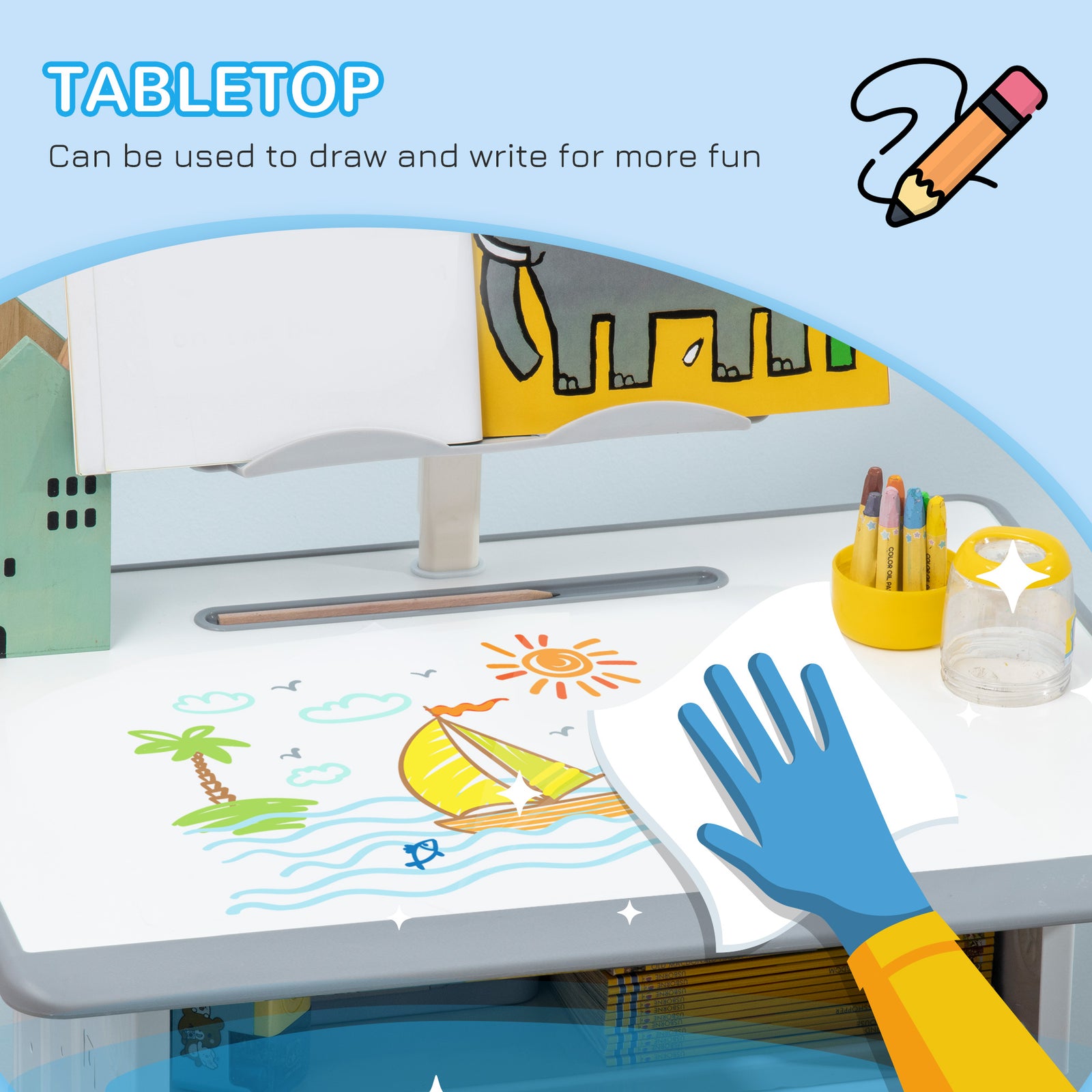 Kids Desk And Chair Set W/ Drawer, Book Stand, Pen Slot | Grey