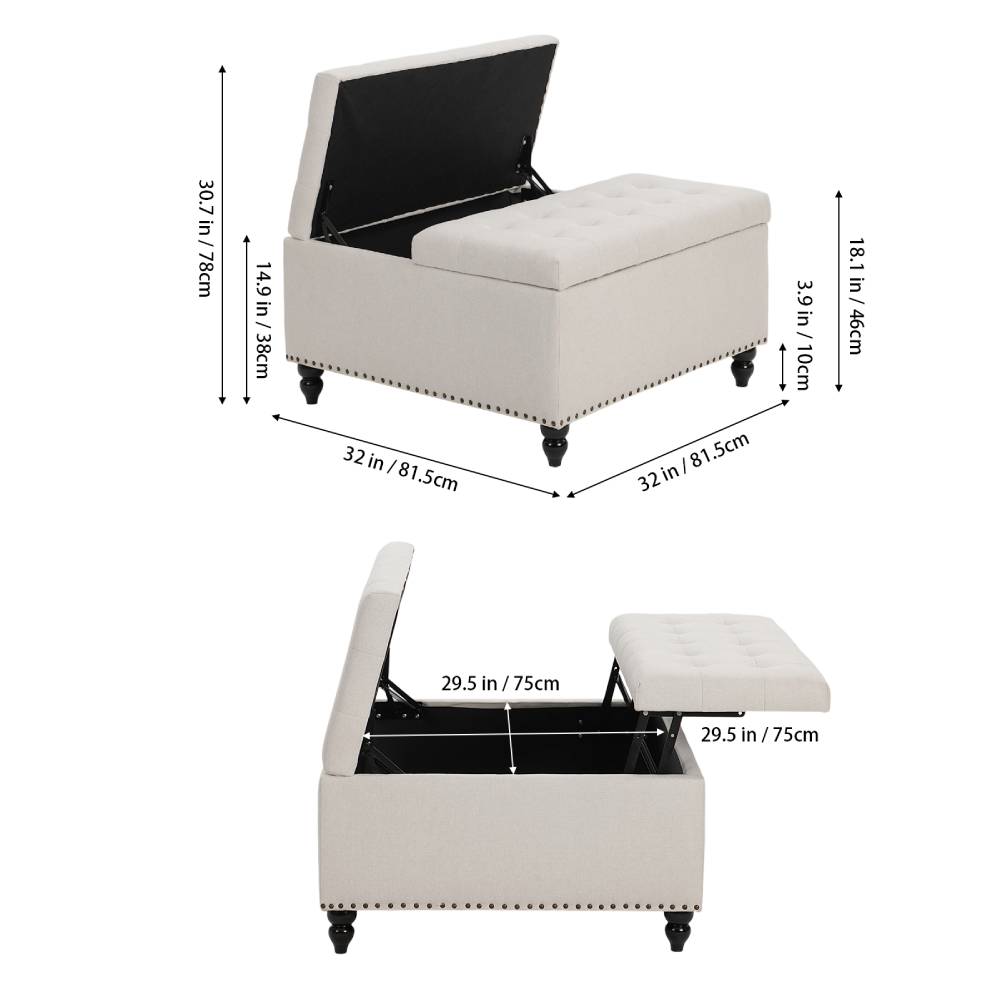 Square Linen Upholstered Storage Ottoman With Lift-top & Flip Design | Beige