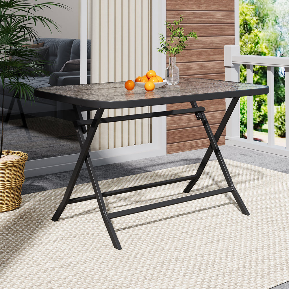 Outdoor Folding Patio Table With Black Frame & Water Ripple Tempered Glass Top,120m W X 80cm D X 72cm H